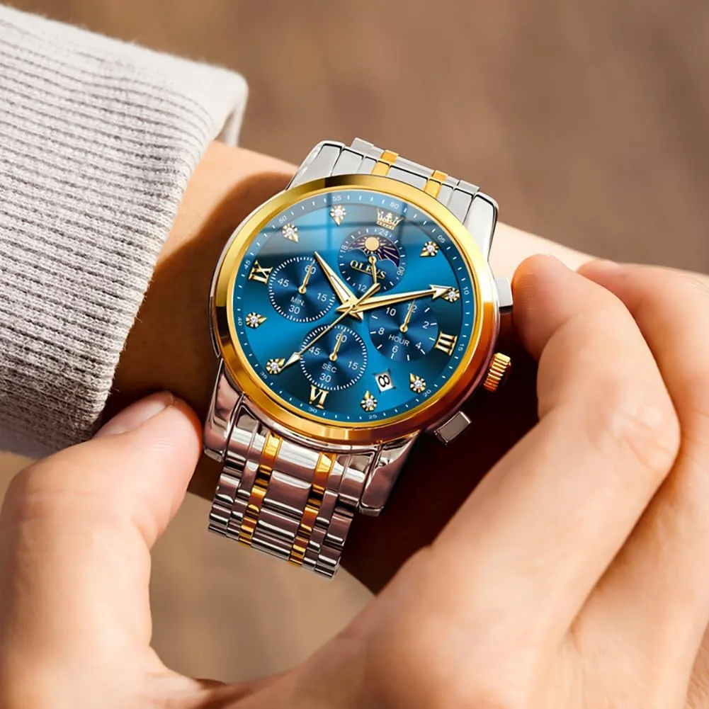 Watches for Men Dress Watch Chronograph Luxury Stainless Steel Big cliff Face Men Watches Multi-Function Easy to Read Diamond Roman Numerals Business Wristwatch Reloj para Hombre OLEVS 