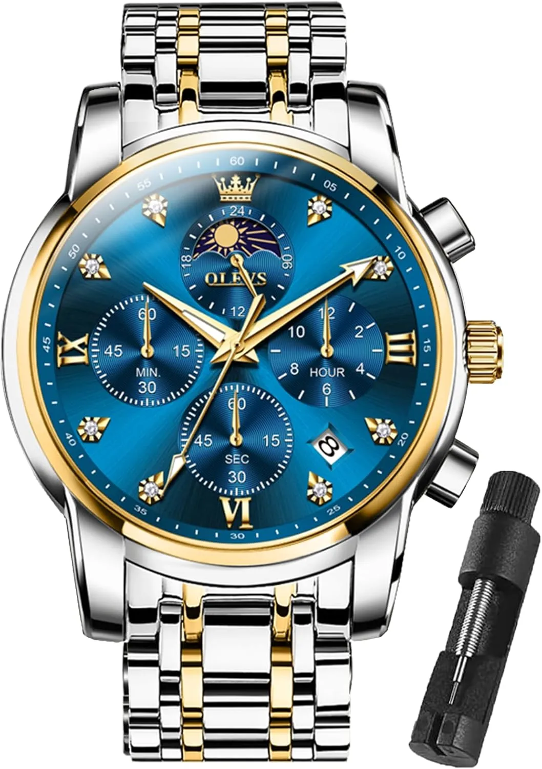 Watches for Men Dress Watch Chronograph Luxury Stainless Steel Big cliff Face Men Watches Multi-Function Easy to Read Diamond Roman Numerals Business Wristwatch Reloj para Hombre OLEVS 