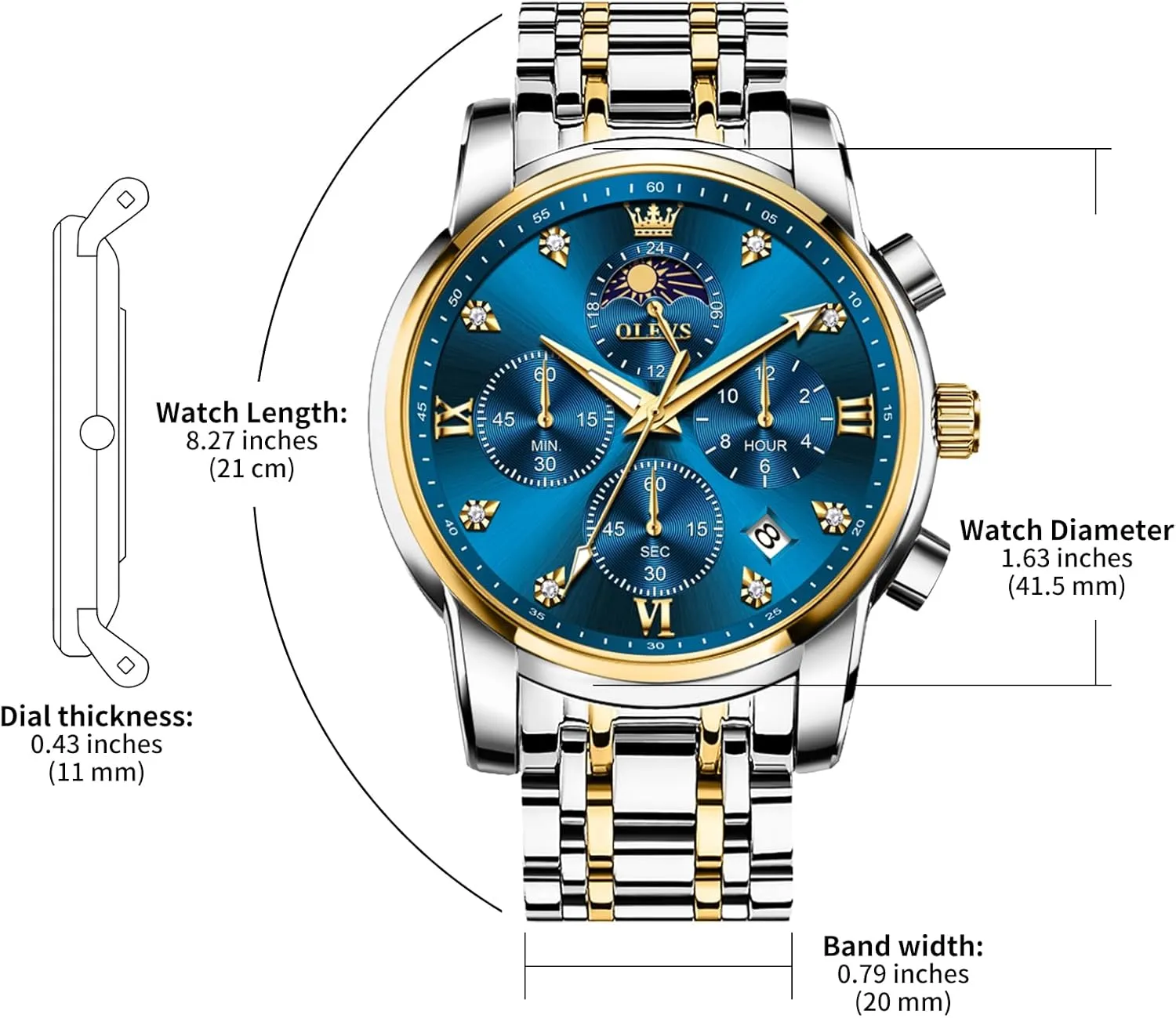 Watches for Men Dress Watch Chronograph Luxury Stainless Steel Big cliff Face Men Watches Multi-Function Easy to Read Diamond Roman Numerals Business Wristwatch Reloj para Hombre OLEVS 
