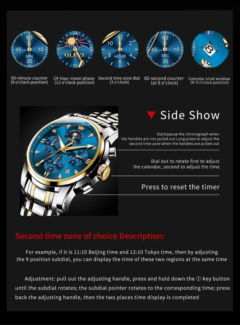 Watches for Men Dress Watch Chronograph Luxury Stainless Steel Big cliff Face Men Watches Multi-Function Easy to Read Diamond Roman Numerals Business Wristwatch Reloj para Hombre OLEVS 
