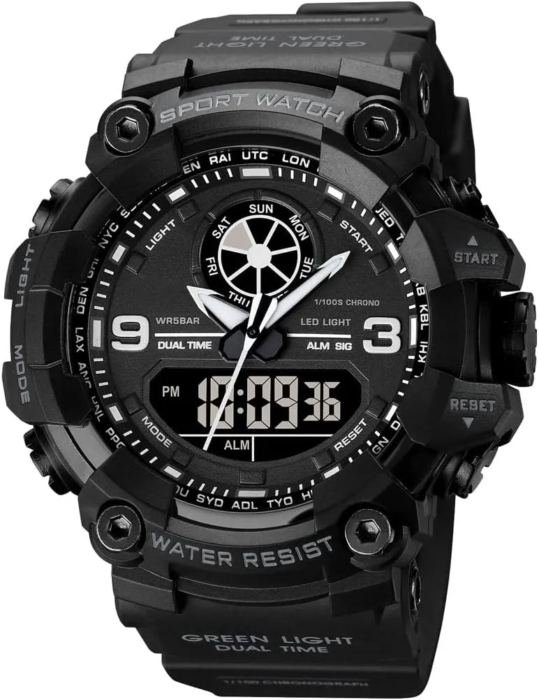 Watches for Sports, Large Dual Time 12/24H Gifts for Him Mens Military Watches for Men, Men's Wrist Watches, Analog intimidate retrospect Digital Watch Stop 