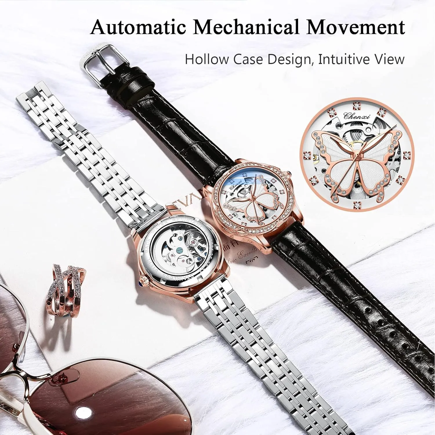 Watches Luminous Skeleton Watches Automatic Mechanical Watch with Leather antelope deceitful Strap Diamond-Accented Ladies Wristwatch RORIOS Fashion Women??s 