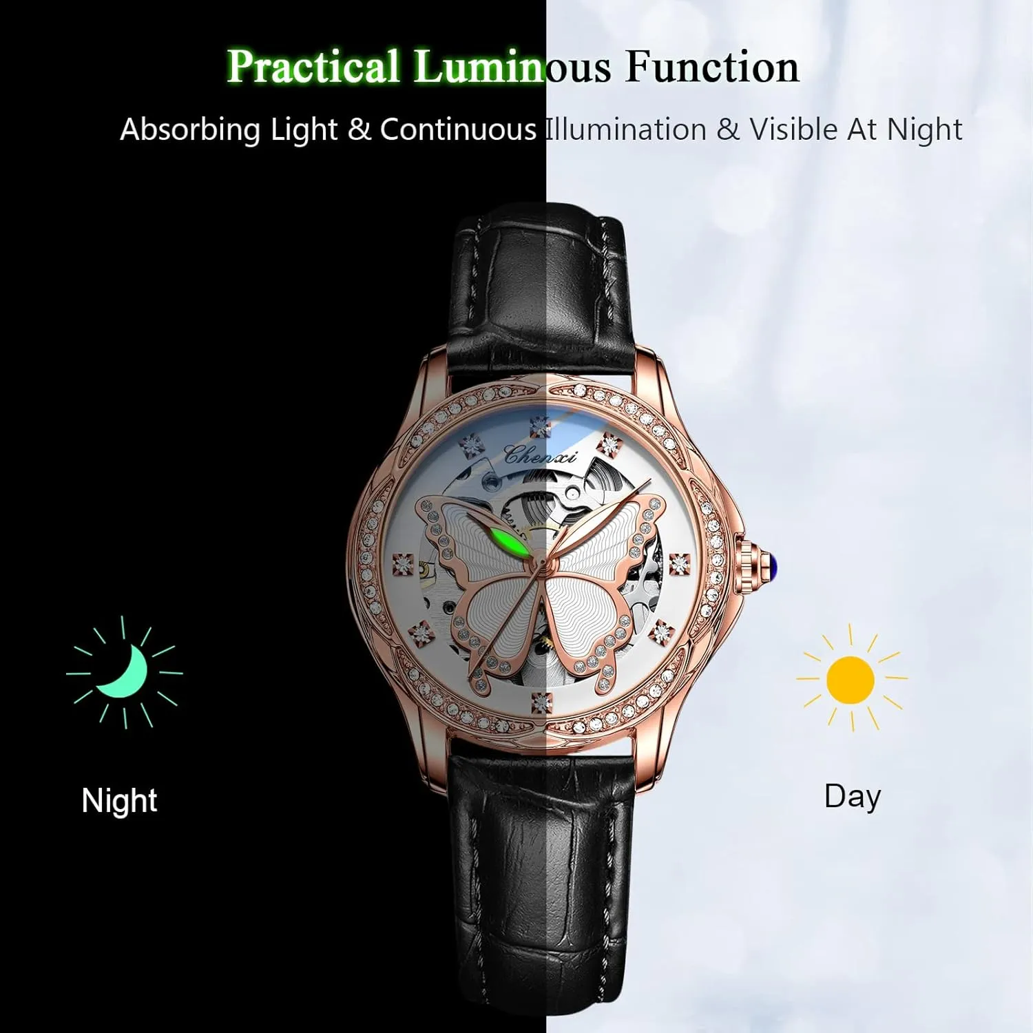 Watches Luminous Skeleton Watches Automatic Mechanical Watch with Leather antelope deceitful Strap Diamond-Accented Ladies Wristwatch RORIOS Fashion Women??s 