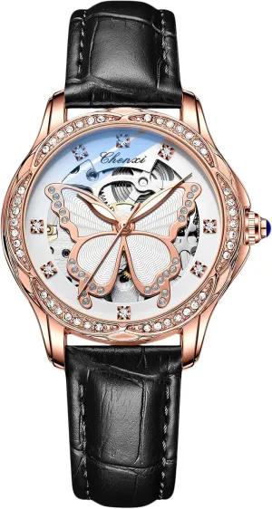 Watches Luminous Skeleton Watches Automatic Mechanical Watch with Leather antelope deceitful Strap Diamond-Accented Ladies Wristwatch RORIOS Fashion Women??s 