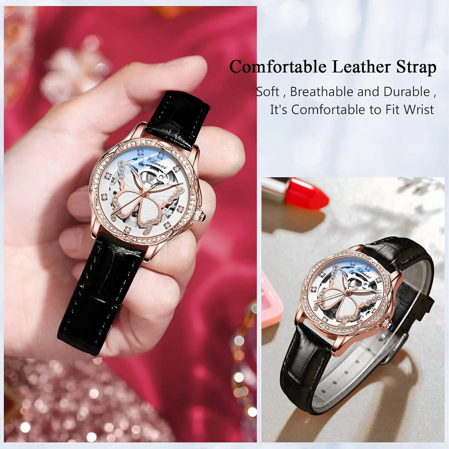 Watches Luminous Skeleton Watches Automatic Mechanical Watch with Leather antelope deceitful Strap Diamond-Accented Ladies Wristwatch RORIOS Fashion Women??s 