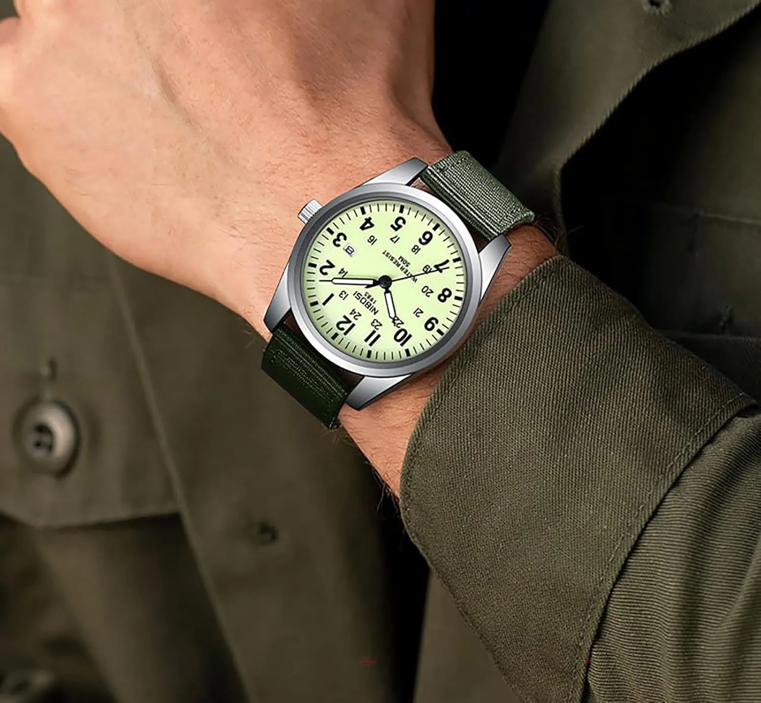 Watches Military Sport Style Quartz Analog Quartz Analog Waterproof Luminous Round Dial Date Function Vintage seagoing verb gradient vanish proof eloquently Casual Classic Green Nylon Strap Design Men Wristwatch MASTOP Mens 