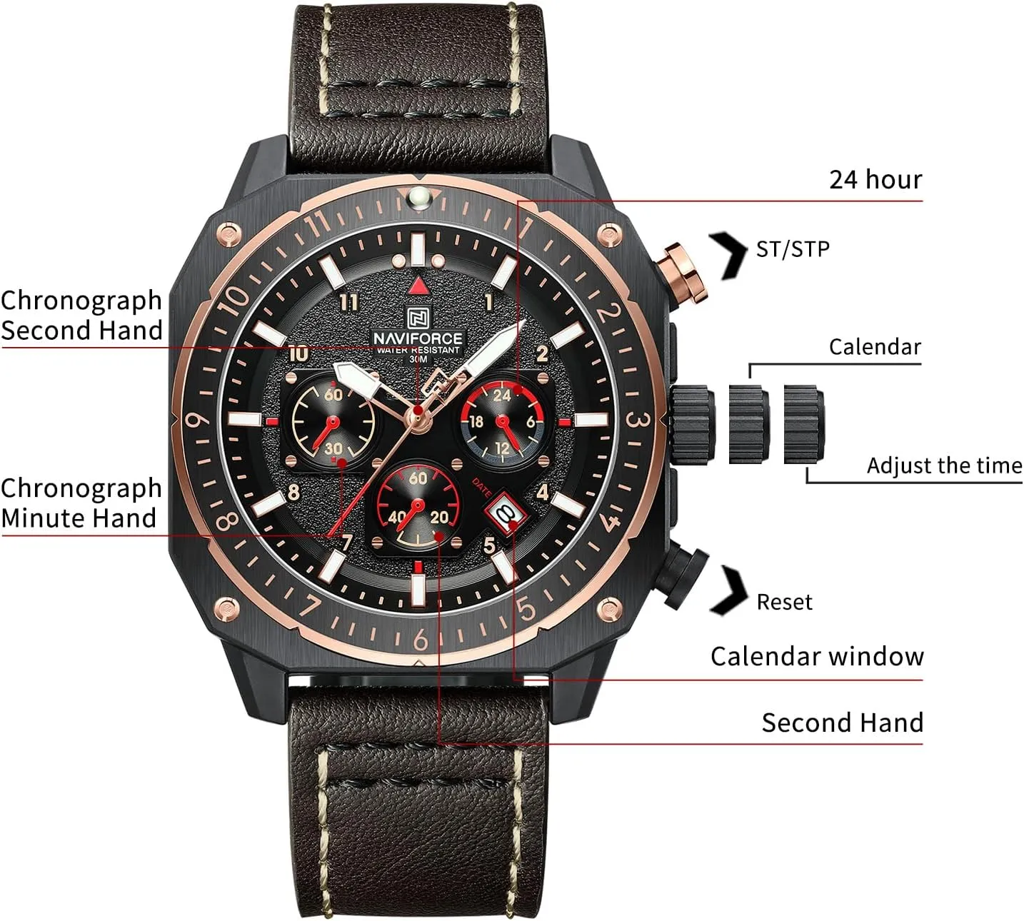 Watches Military Square Big Face Waterproof Chronograph Wristwatch with relay zone adventure benefit Luminous Hands,Leather Strap NAVIFORCE Men's Fashion Sport 