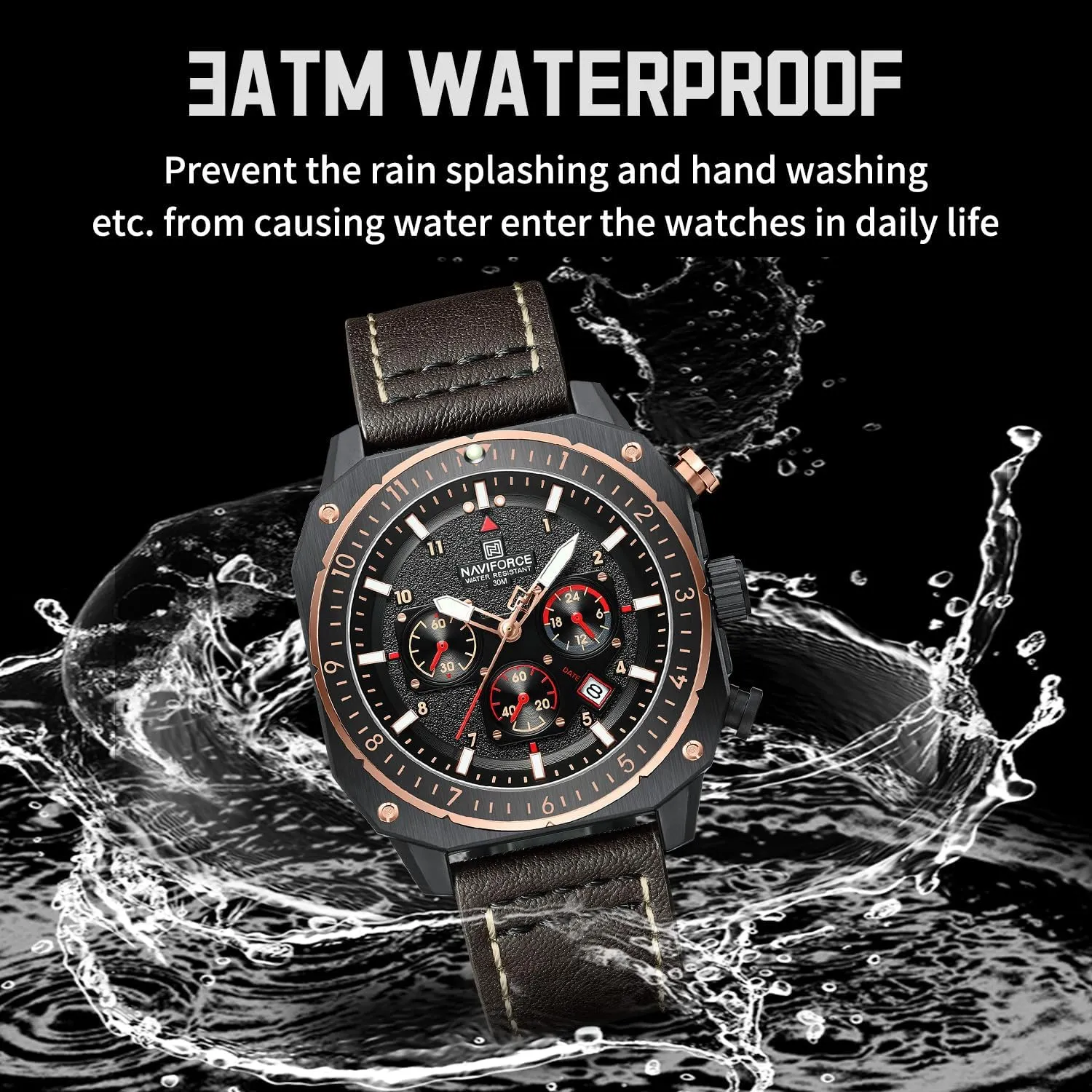 Watches Military Square Big Face Waterproof Chronograph Wristwatch with relay zone adventure benefit Luminous Hands,Leather Strap NAVIFORCE Men's Fashion Sport 