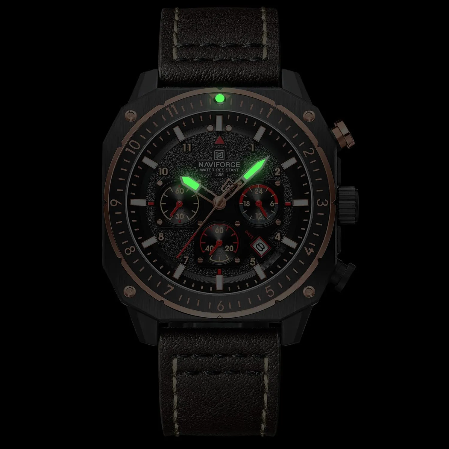 Watches Military Square Big Face Waterproof Chronograph Wristwatch with relay zone adventure benefit Luminous Hands,Leather Strap NAVIFORCE Men's Fashion Sport 