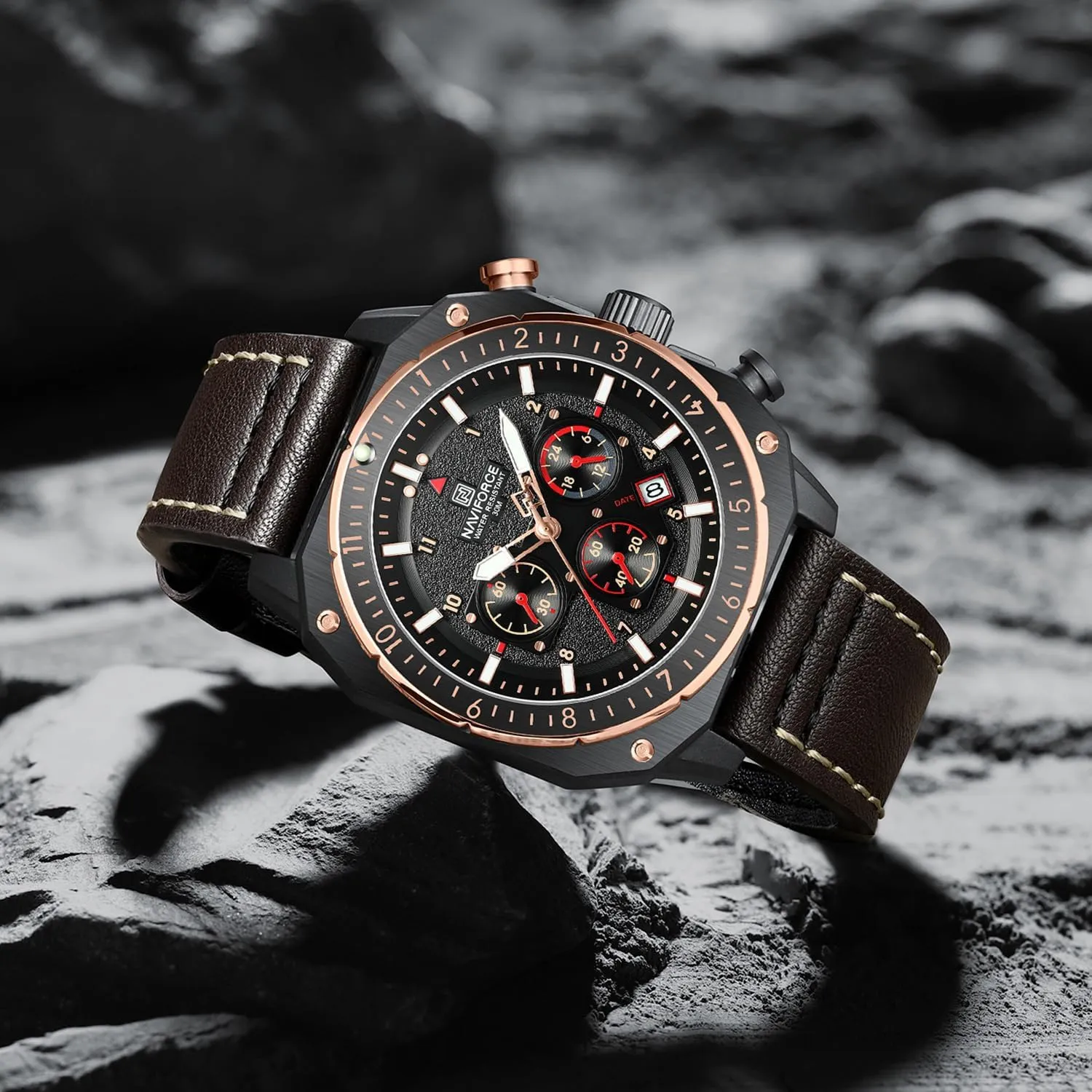 Watches Military Square Big Face Waterproof Chronograph Wristwatch with relay zone adventure benefit Luminous Hands,Leather Strap NAVIFORCE Men's Fashion Sport 