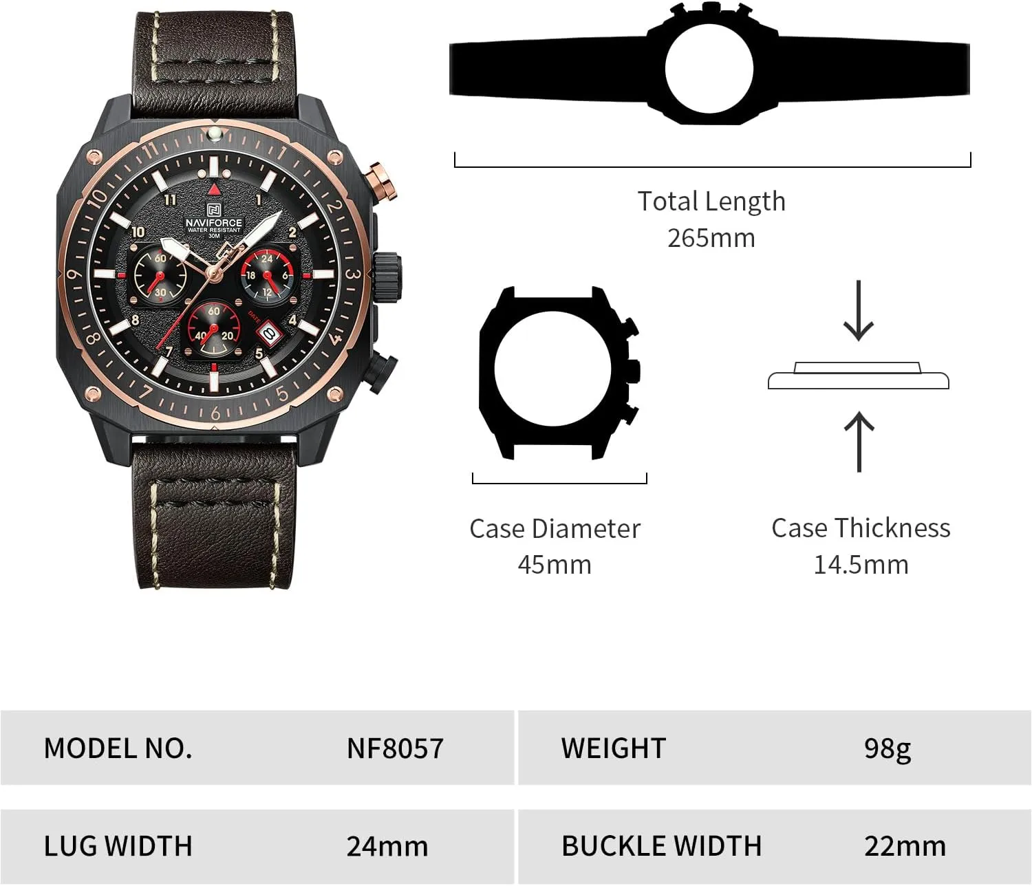 Watches Military Square Big Face Waterproof Chronograph Wristwatch with relay zone adventure benefit Luminous Hands,Leather Strap NAVIFORCE Men's Fashion Sport 