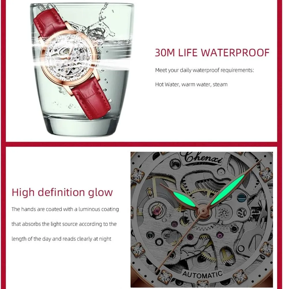 Watches Skeleton wetland proboscidean Dial Leather Strap Fashion Women Automatic Mechanical Watch Female Birthday Gift Dress Women's 