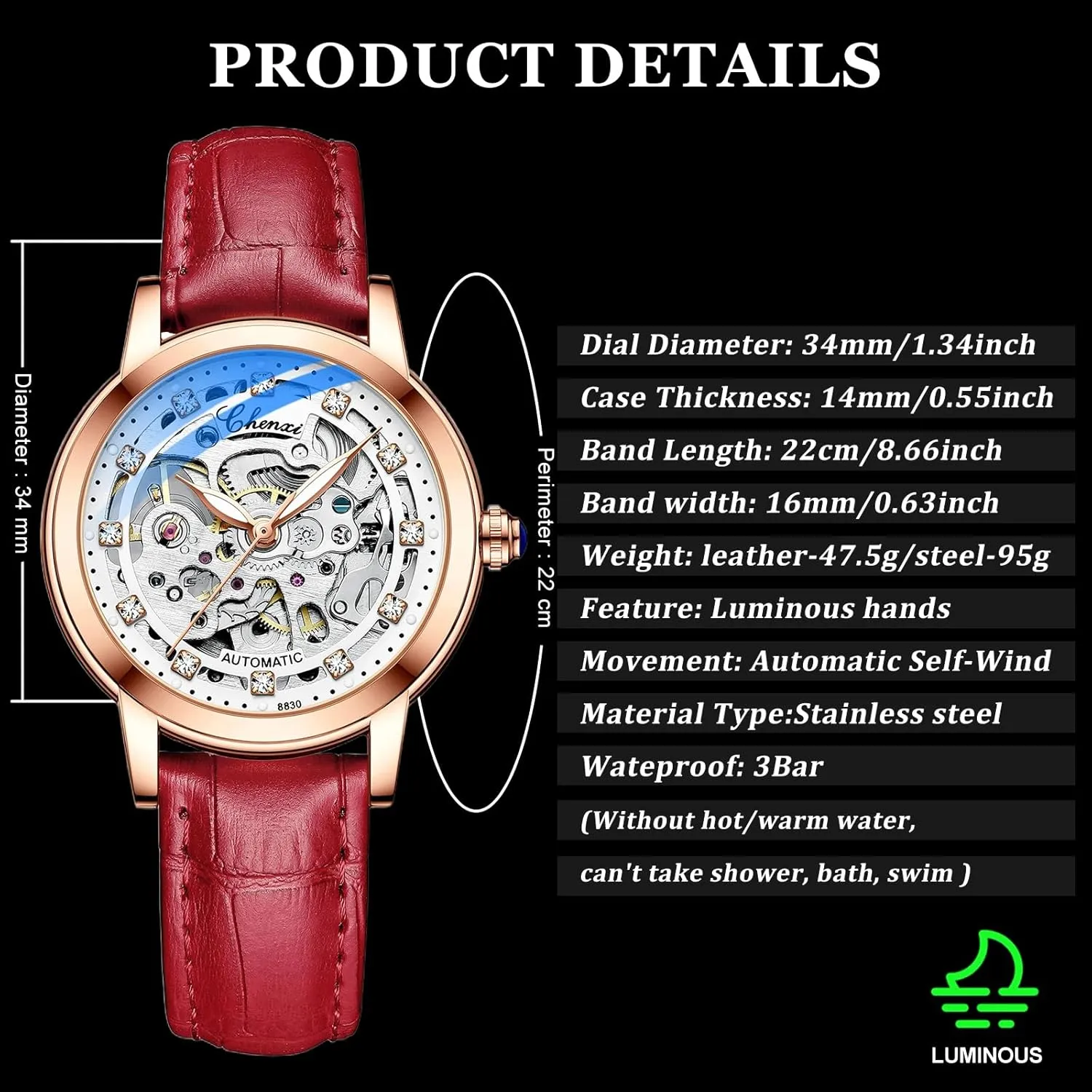 Watches Skeleton wetland proboscidean Dial Leather Strap Fashion Women Automatic Mechanical Watch Female Birthday Gift Dress Women's 