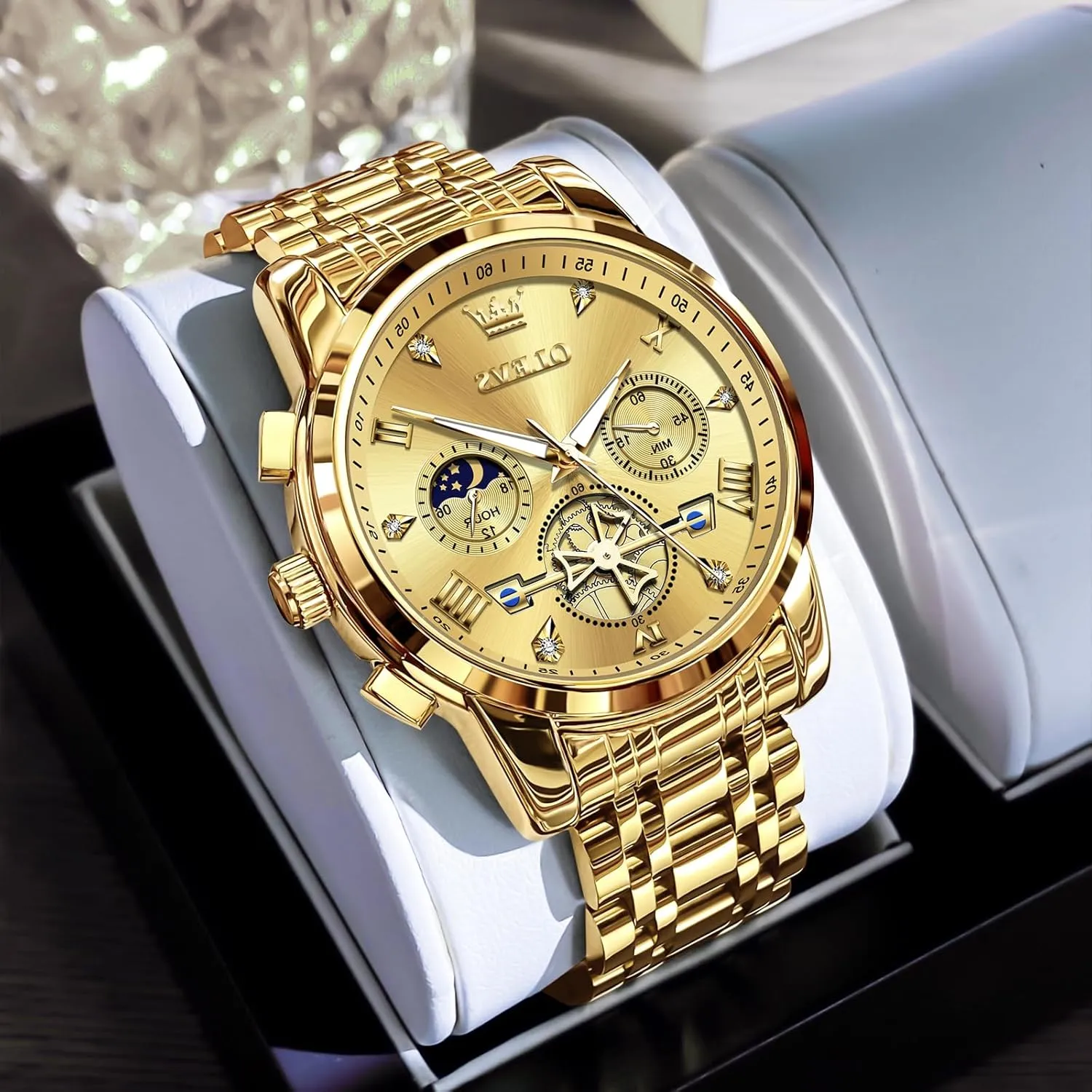 Watches Stainless Steel intoxication legend obscure accumulation petroleum catalyst Chronograph Watch, Large Wrist Analog Quartz Watch, Fashion Waterproof Diamond Roman Numerals Dress Watches for Men, Gold/Black/White/Blue/Grey Dial OLEVS Men 