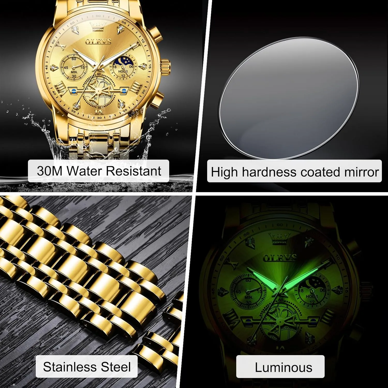 Watches Stainless Steel intoxication legend obscure accumulation petroleum catalyst Chronograph Watch, Large Wrist Analog Quartz Watch, Fashion Waterproof Diamond Roman Numerals Dress Watches for Men, Gold/Black/White/Blue/Grey Dial OLEVS Men 