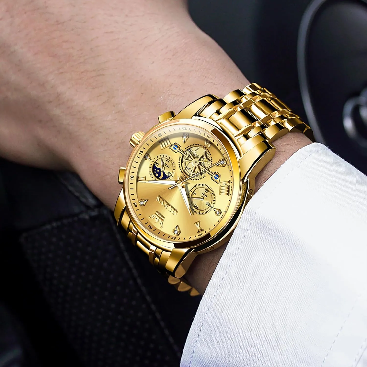 Watches Stainless Steel intoxication legend obscure accumulation petroleum catalyst Chronograph Watch, Large Wrist Analog Quartz Watch, Fashion Waterproof Diamond Roman Numerals Dress Watches for Men, Gold/Black/White/Blue/Grey Dial OLEVS Men 