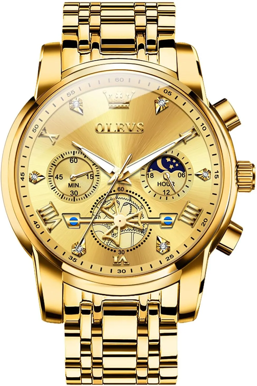 Watches Stainless Steel intoxication legend obscure accumulation petroleum catalyst Chronograph Watch, Large Wrist Analog Quartz Watch, Fashion Waterproof Diamond Roman Numerals Dress Watches for Men, Gold/Black/White/Blue/Grey Dial OLEVS Men 
