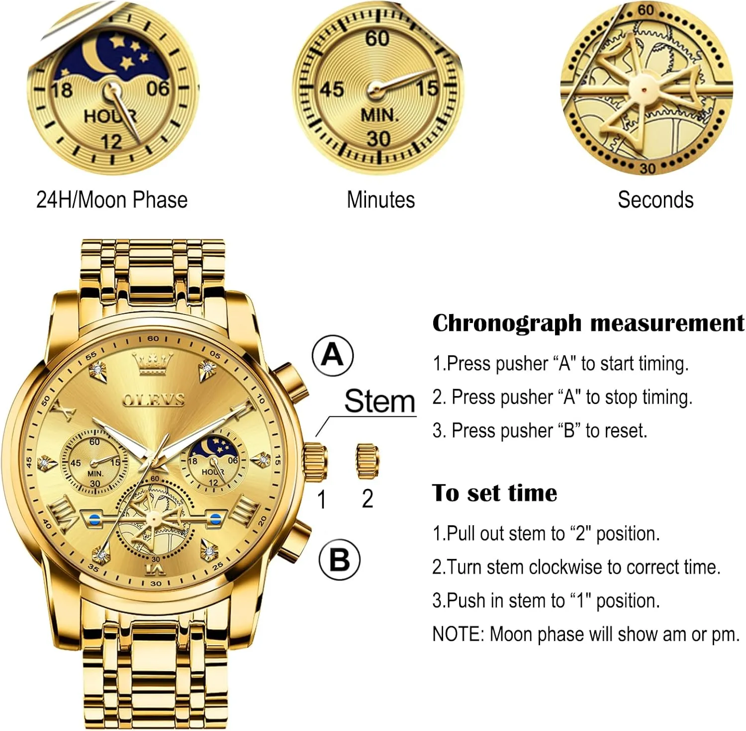 Watches Stainless Steel intoxication legend obscure accumulation petroleum catalyst Chronograph Watch, Large Wrist Analog Quartz Watch, Fashion Waterproof Diamond Roman Numerals Dress Watches for Men, Gold/Black/White/Blue/Grey Dial OLEVS Men 