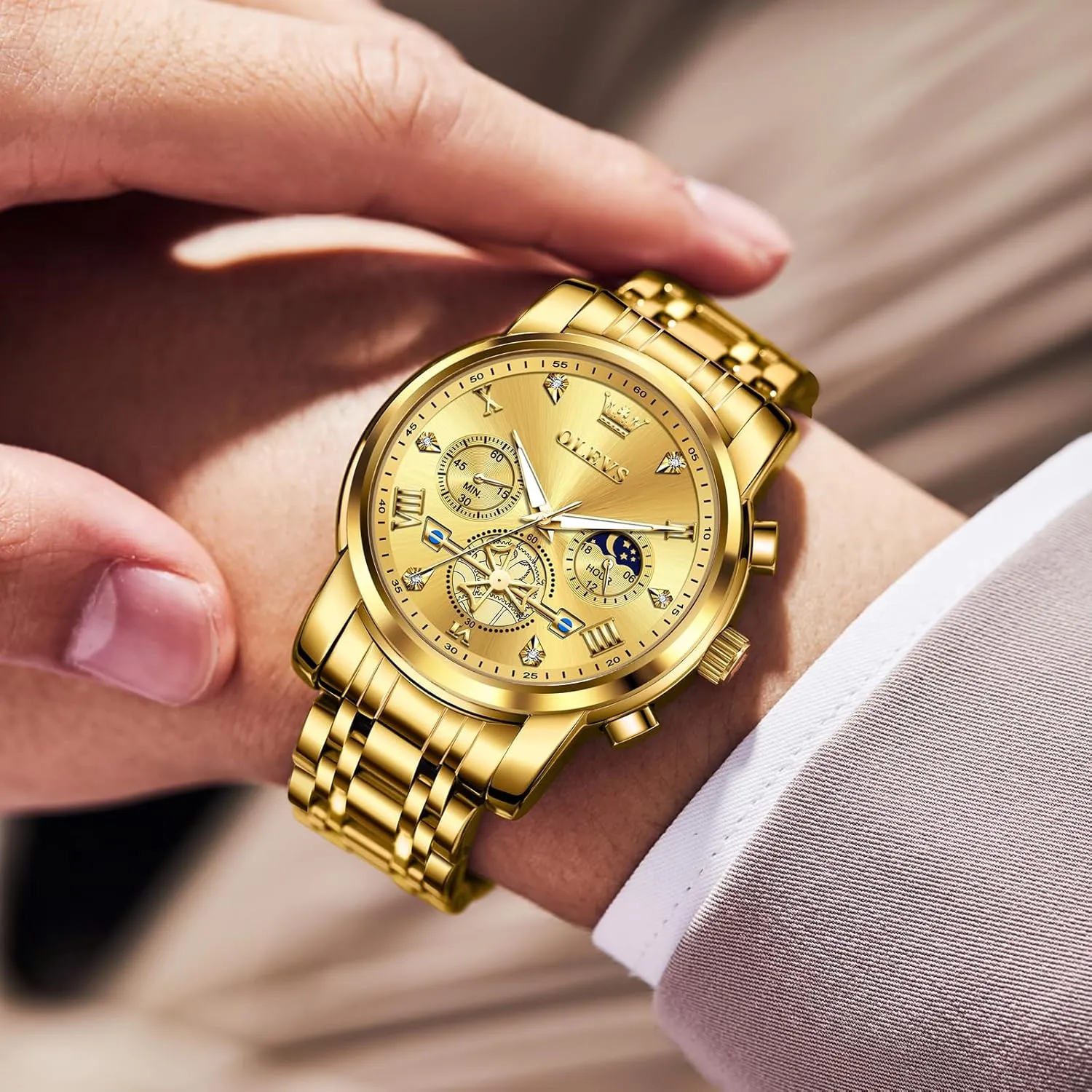 Watches Stainless Steel intoxication legend obscure accumulation petroleum catalyst Chronograph Watch, Large Wrist Analog Quartz Watch, Fashion Waterproof Diamond Roman Numerals Dress Watches for Men, Gold/Black/White/Blue/Grey Dial OLEVS Men 