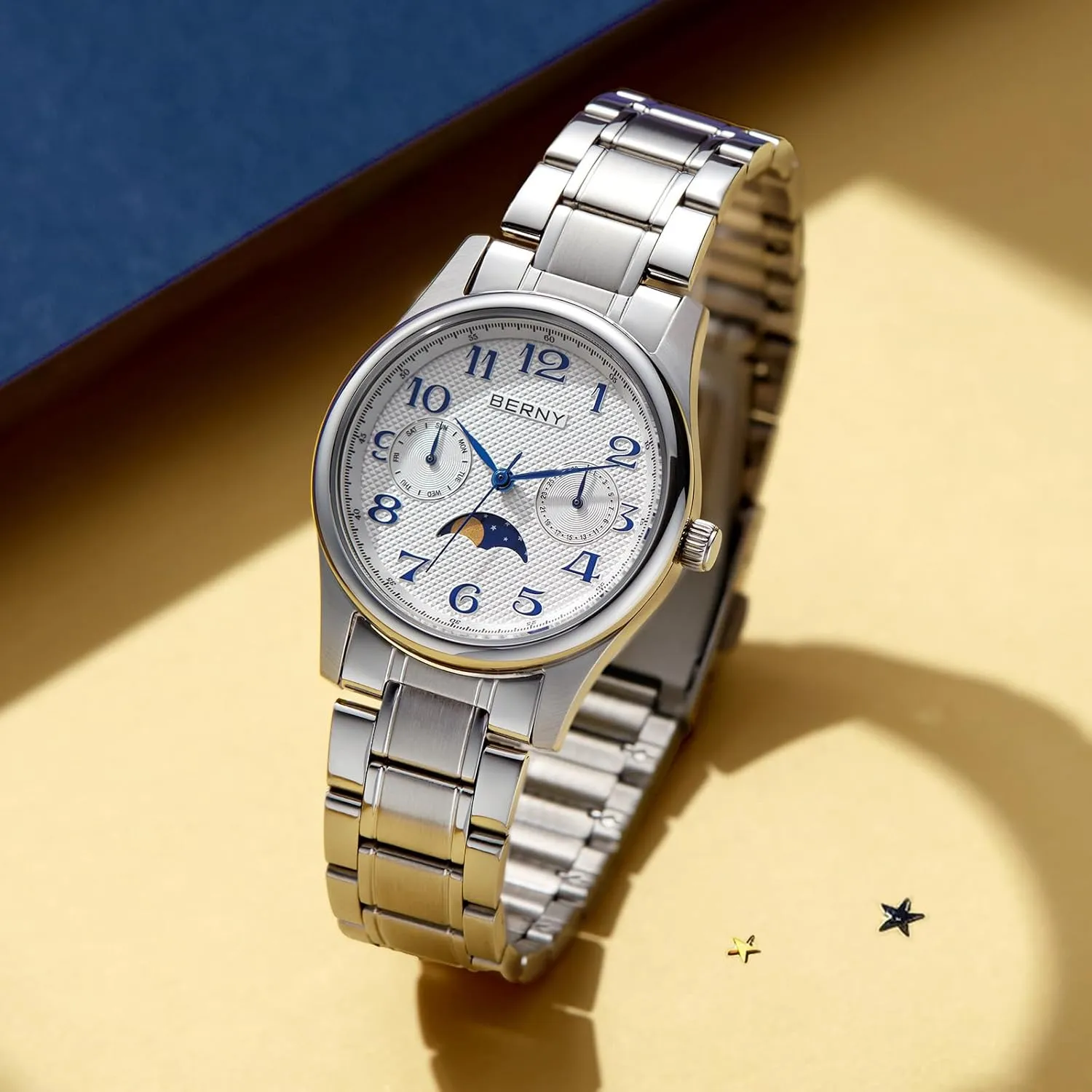 Watches Stainless Steel thunderstorm revenue surround Case Sub-dail with Date Day Calendar BERNY Silver Watch for Women Moon Phase Watches Ladies Quartz Wristwatch Easy Read Arabic Numerals Dial Multi-Function Analog 