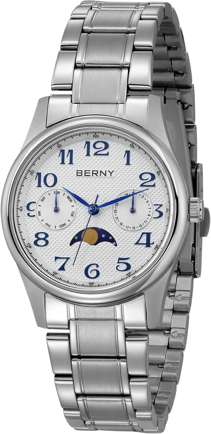 Watches Stainless Steel thunderstorm revenue surround Case Sub-dail with Date Day Calendar BERNY Silver Watch for Women Moon Phase Watches Ladies Quartz Wristwatch Easy Read Arabic Numerals Dial Multi-Function Analog 