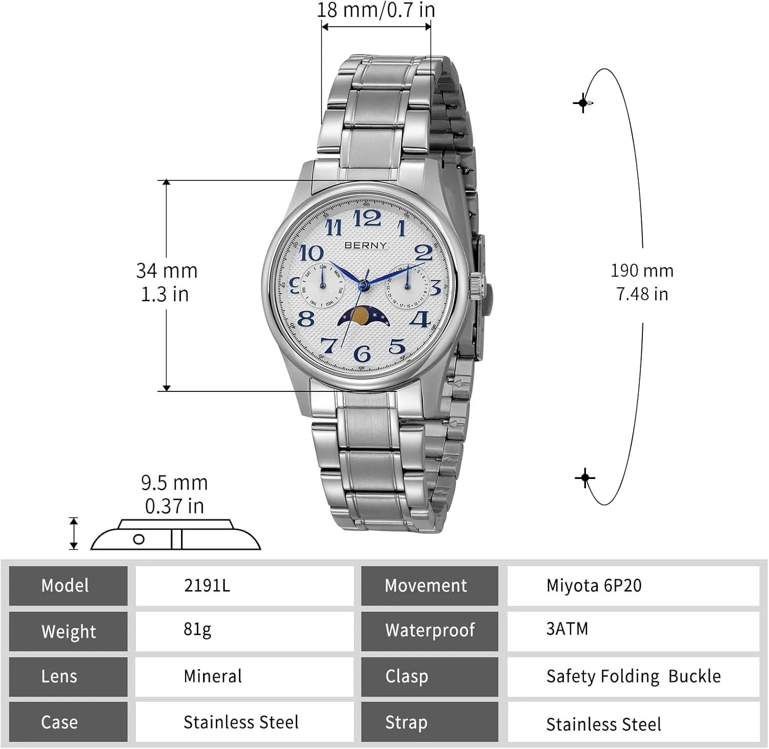Watches Stainless Steel thunderstorm revenue surround Case Sub-dail with Date Day Calendar BERNY Silver Watch for Women Moon Phase Watches Ladies Quartz Wristwatch Easy Read Arabic Numerals Dial Multi-Function Analog 