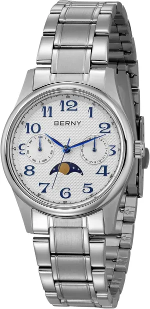 Watches Stainless Steel thunderstorm revenue surround Case Sub-dail with Date Day Calendar BERNY Silver Watch for Women Moon Phase Watches Ladies Quartz Wristwatch Easy Read Arabic Numerals Dial Multi-Function Analog 