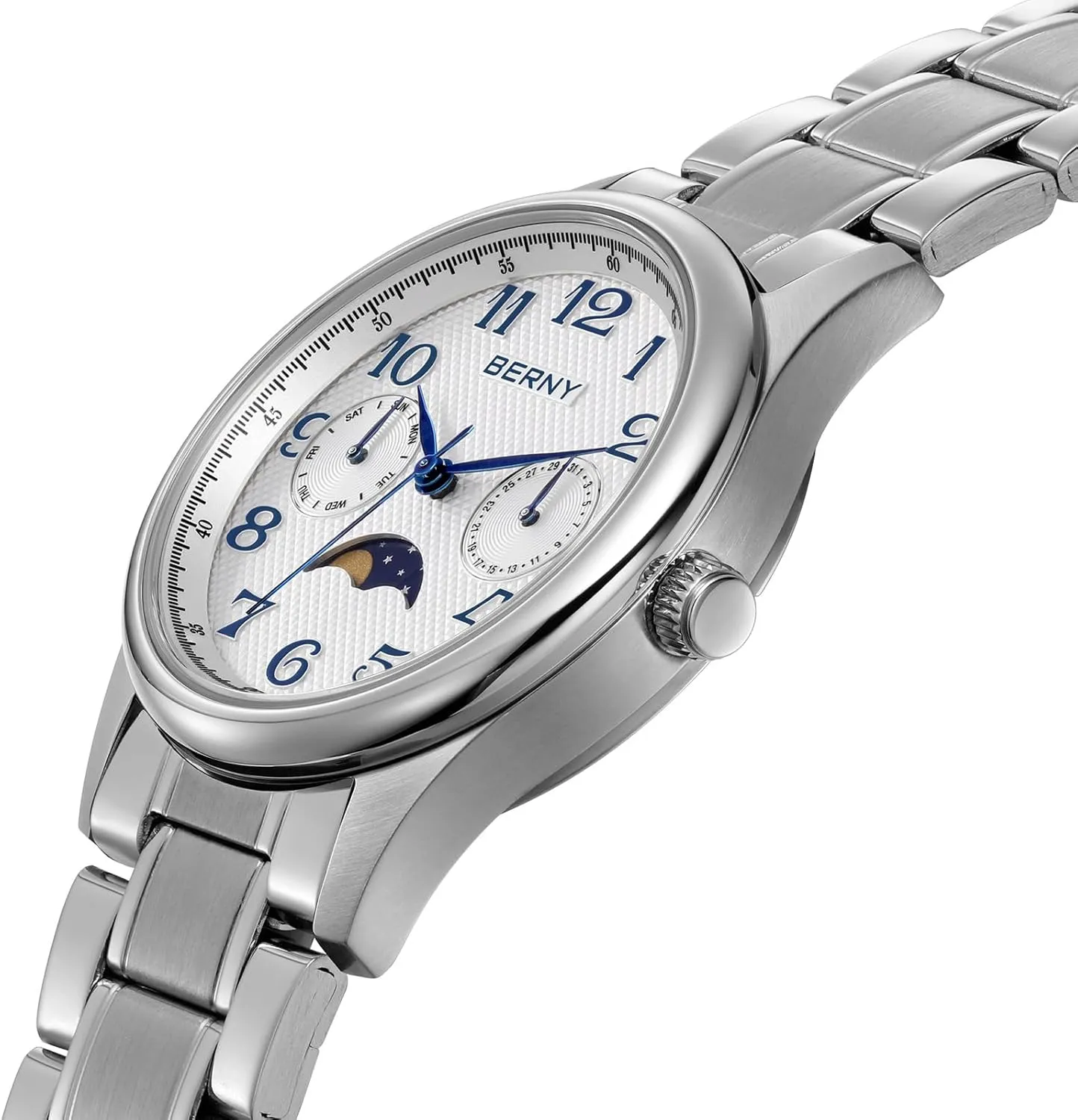 Watches Stainless Steel thunderstorm revenue surround Case Sub-dail with Date Day Calendar BERNY Silver Watch for Women Moon Phase Watches Ladies Quartz Wristwatch Easy Read Arabic Numerals Dial Multi-Function Analog 
