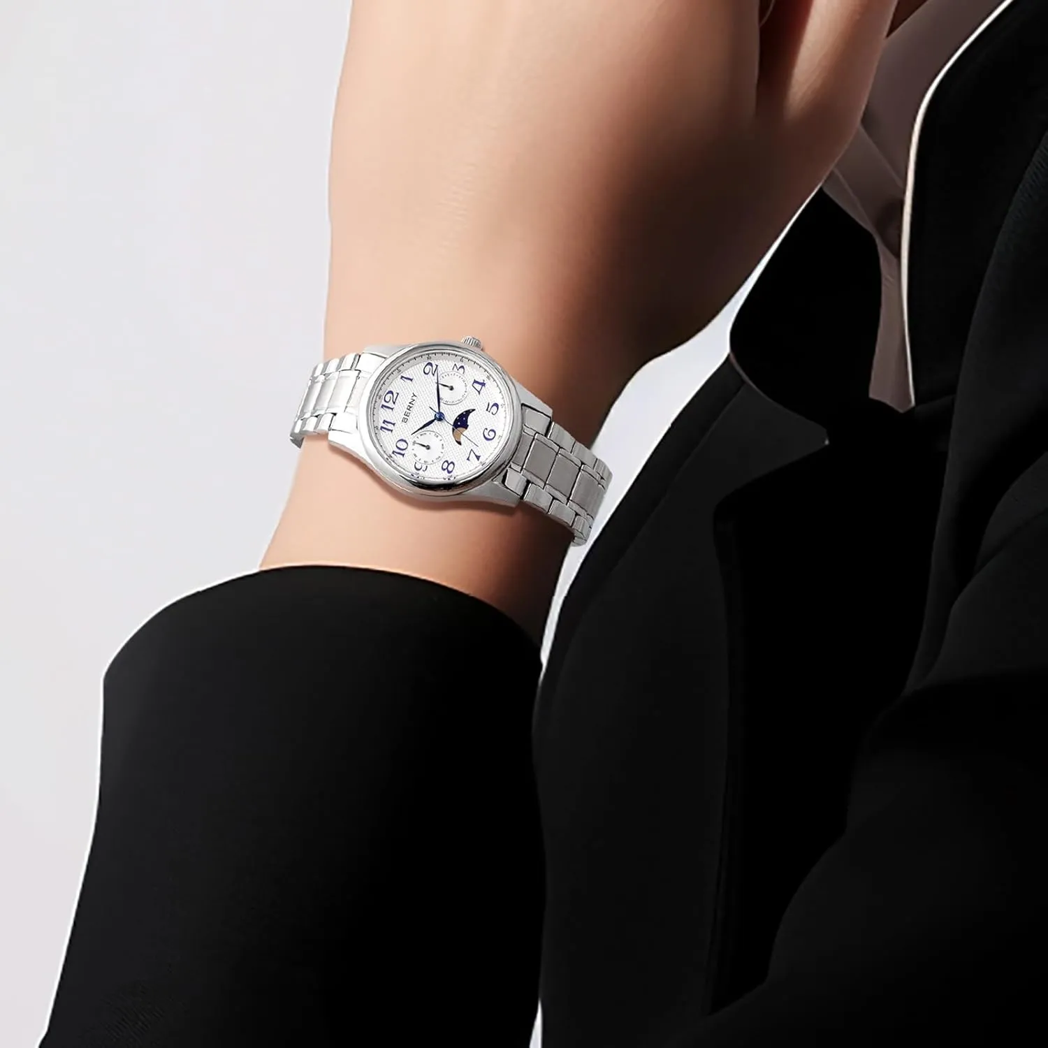 Watches Stainless Steel thunderstorm revenue surround Case Sub-dail with Date Day Calendar BERNY Silver Watch for Women Moon Phase Watches Ladies Quartz Wristwatch Easy Read Arabic Numerals Dial Multi-Function Analog 