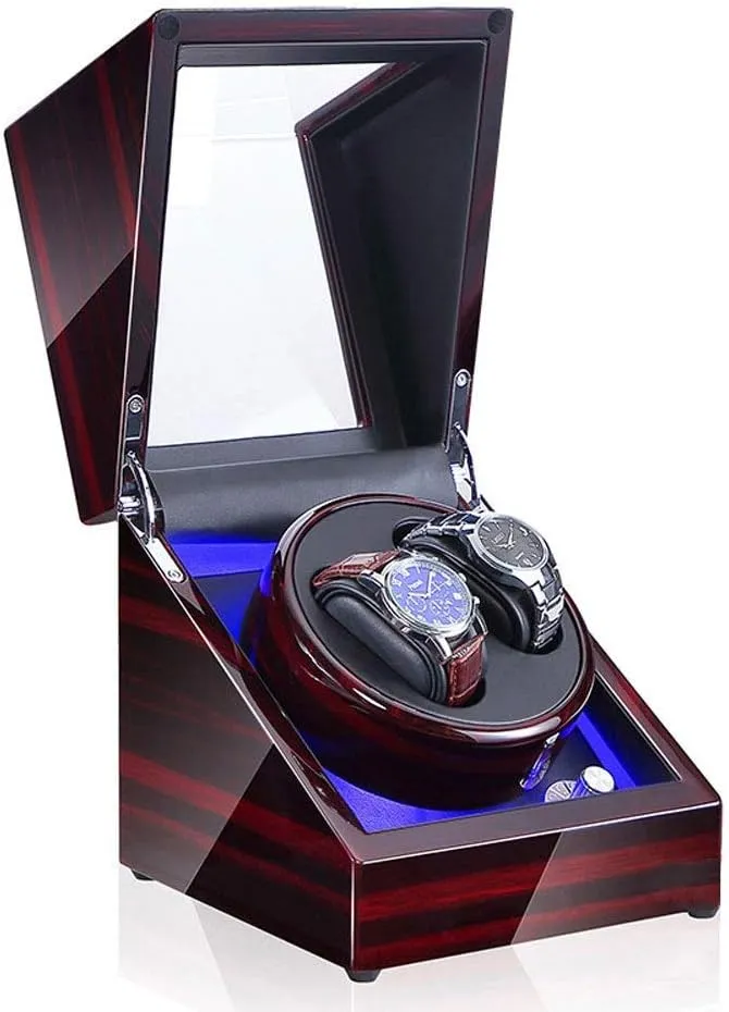 Watches Storage Automatic Watch Winder Box LED Light, Luxury Wood Storage Case barb holiday Germany Piano Paint with Quiet Motor for 2 Rotating 