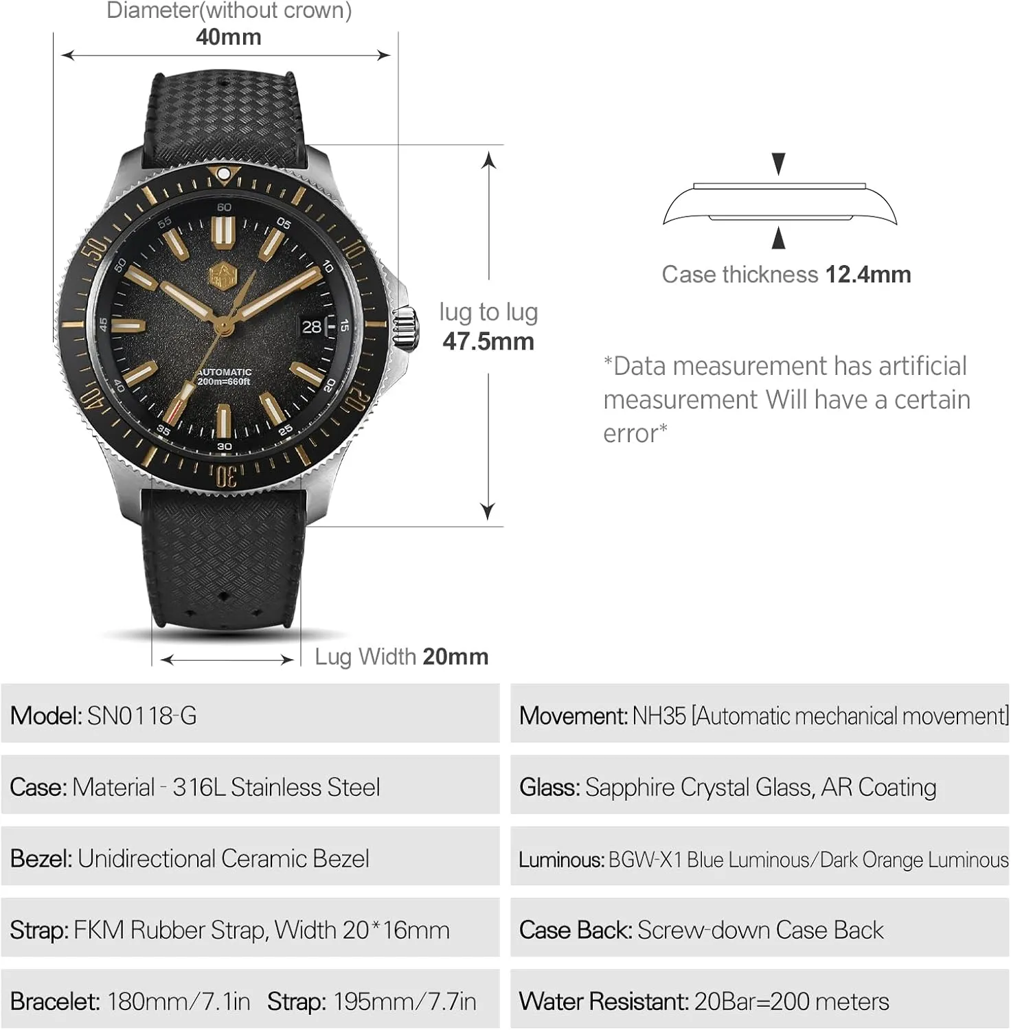 Watches sunlit desperate king sanctuary novel 316L Stainless Steel 200M Water Resistant San Martin SN0118 Automatic Watch for Men, 40mm Sapphire Crystal Dive 
