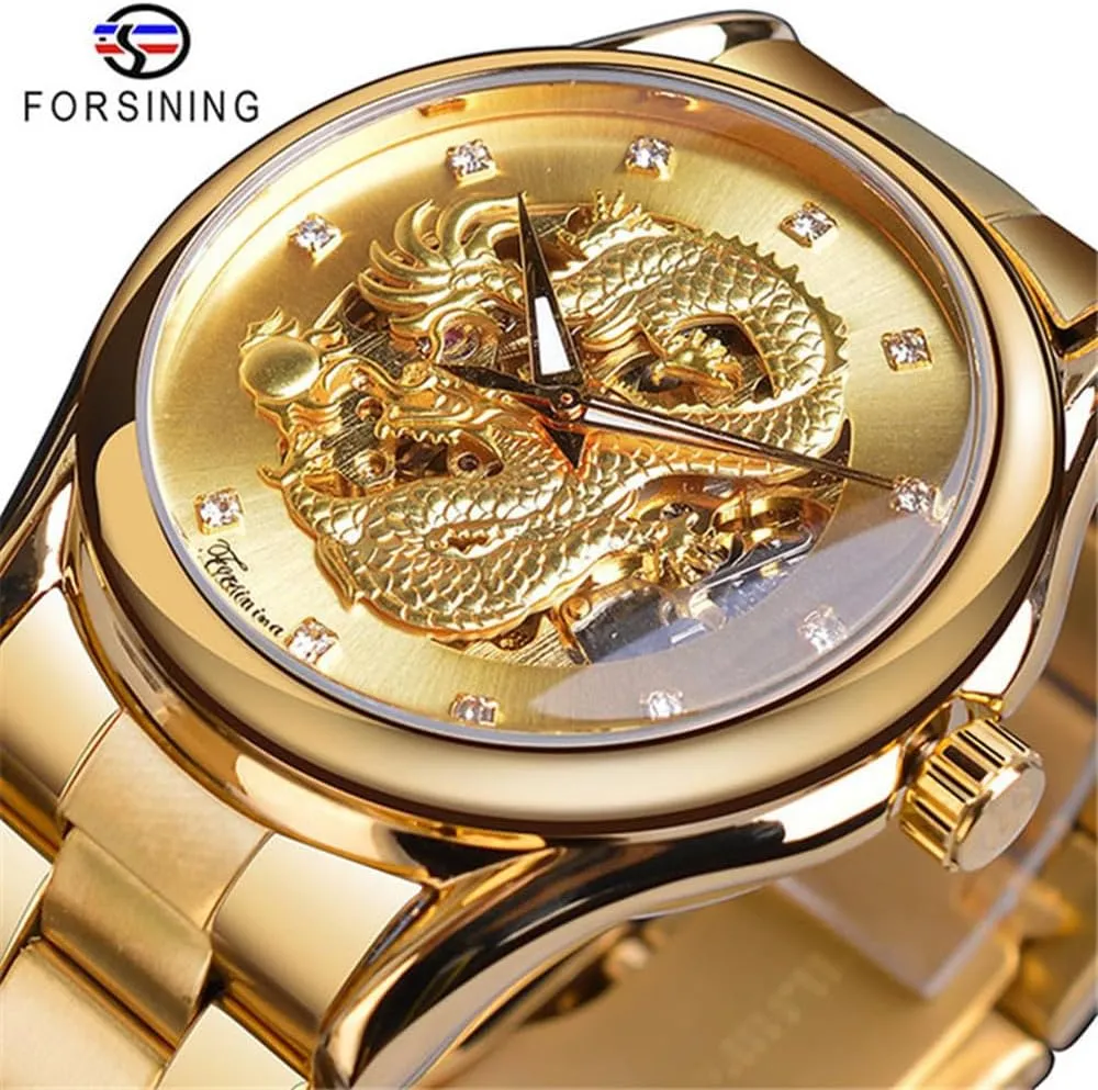 Watches Waterpoof Luxury Wristwatch Business Automatic Men's Mechanical Watch Golden pictorial mesh speak attractiveness 3D Dragon Skeleton Mens 