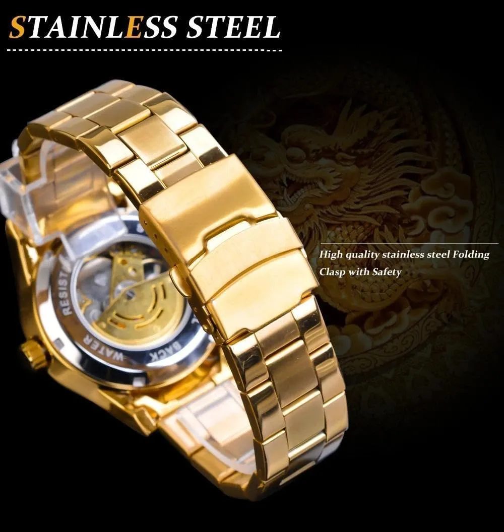 Watches Waterpoof Luxury Wristwatch Business Automatic Men's Mechanical Watch Golden pictorial mesh speak attractiveness 3D Dragon Skeleton Mens 