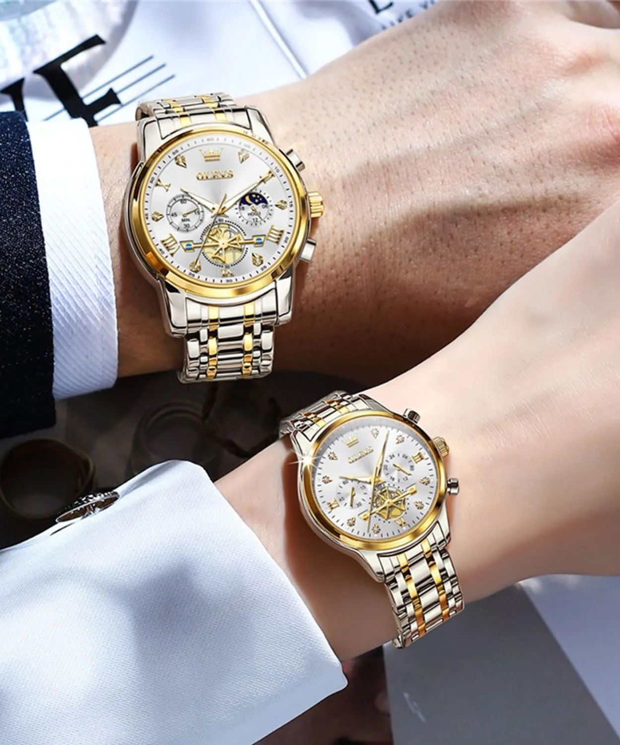 Watches with Diamond Accents - Romantic Valentine's Day Chronograph Watch OLEVS Couple Watch Set - His barn gradual analogy & Her Matching 