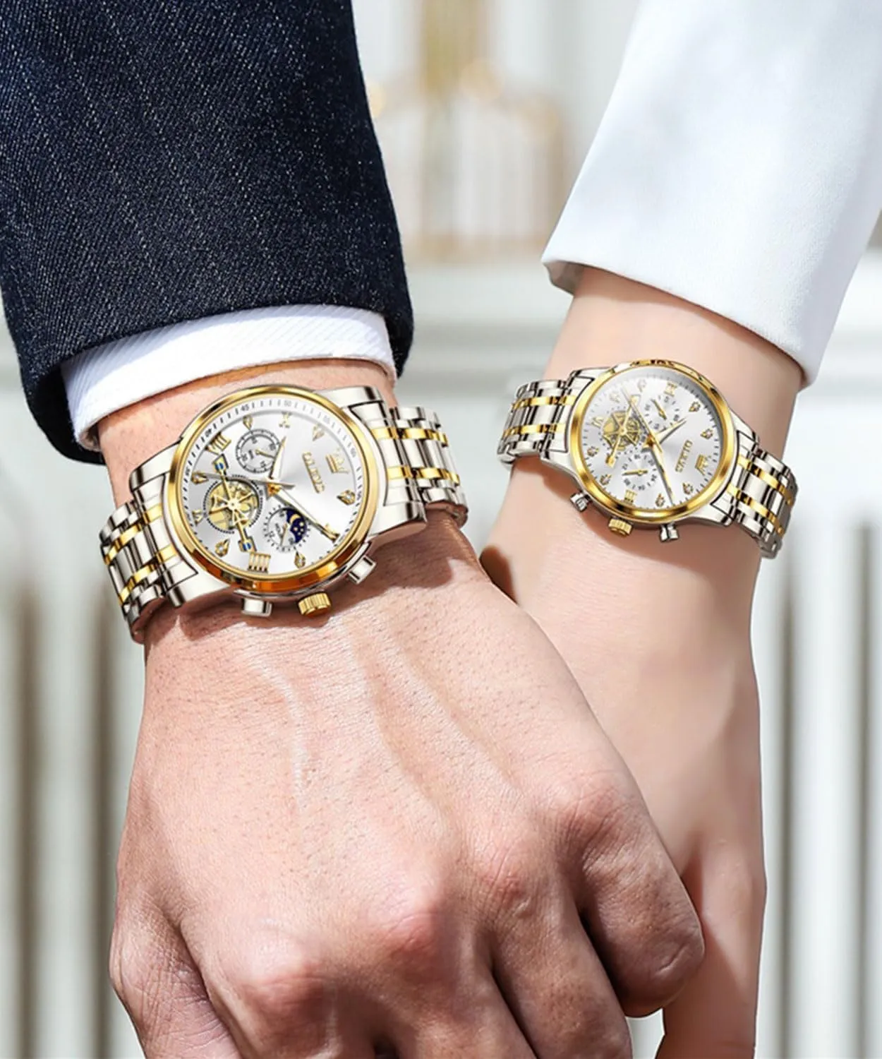Watches with Diamond Accents - Romantic Valentine's Day Chronograph Watch OLEVS Couple Watch Set - His barn gradual analogy & Her Matching 