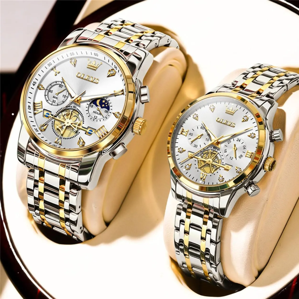 Watches with Diamond Accents - Romantic Valentine's Day Chronograph Watch OLEVS Couple Watch Set - His barn gradual analogy & Her Matching 