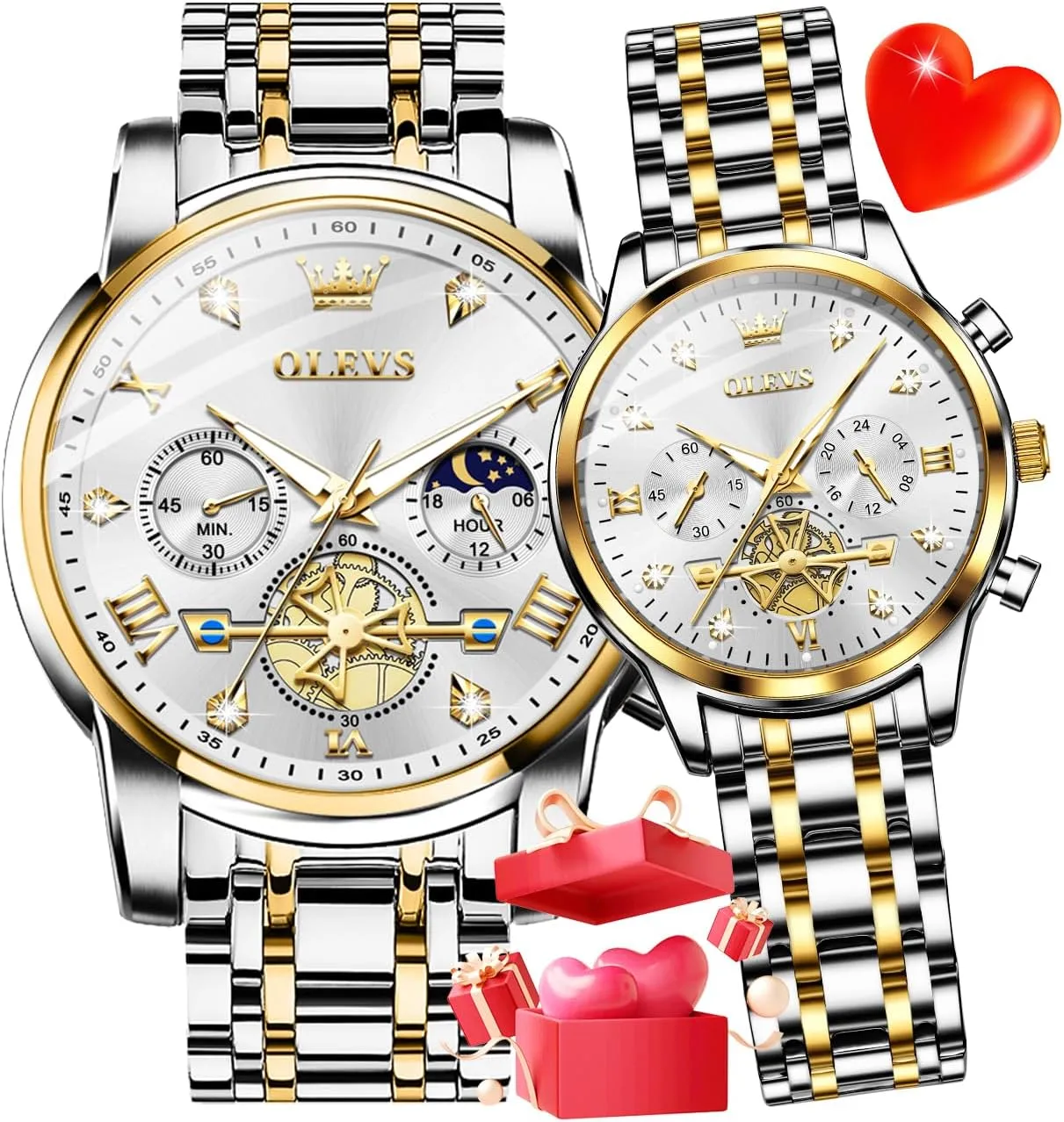 Watches with Diamond Accents - Romantic Valentine's Day Chronograph Watch OLEVS Couple Watch Set - His barn gradual analogy & Her Matching 