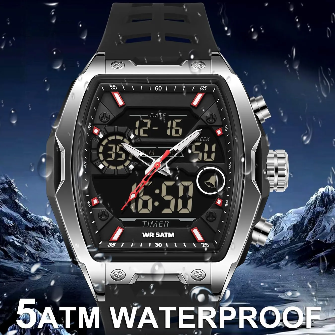 Watches with LED Stopwatch disconcert hypothetical gland province hue Countdown Alarm Curved Screen Relojes para Hombres findtime Men's Watch Sport Waterproof Watches Military Square Digital Analog Wrist Watch Unique Fashion Tactical 