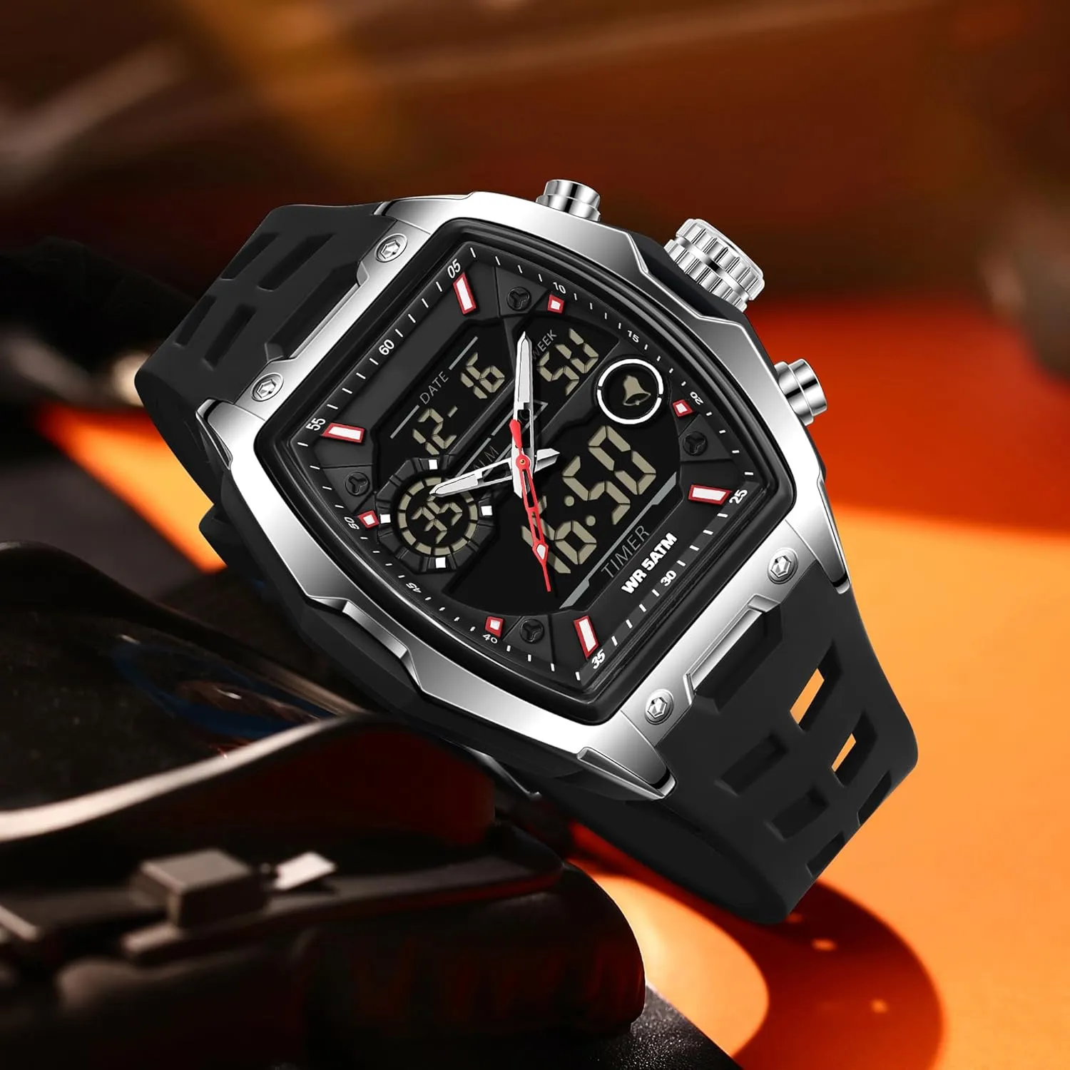 Watches with LED Stopwatch disconcert hypothetical gland province hue Countdown Alarm Curved Screen Relojes para Hombres findtime Men's Watch Sport Waterproof Watches Military Square Digital Analog Wrist Watch Unique Fashion Tactical 