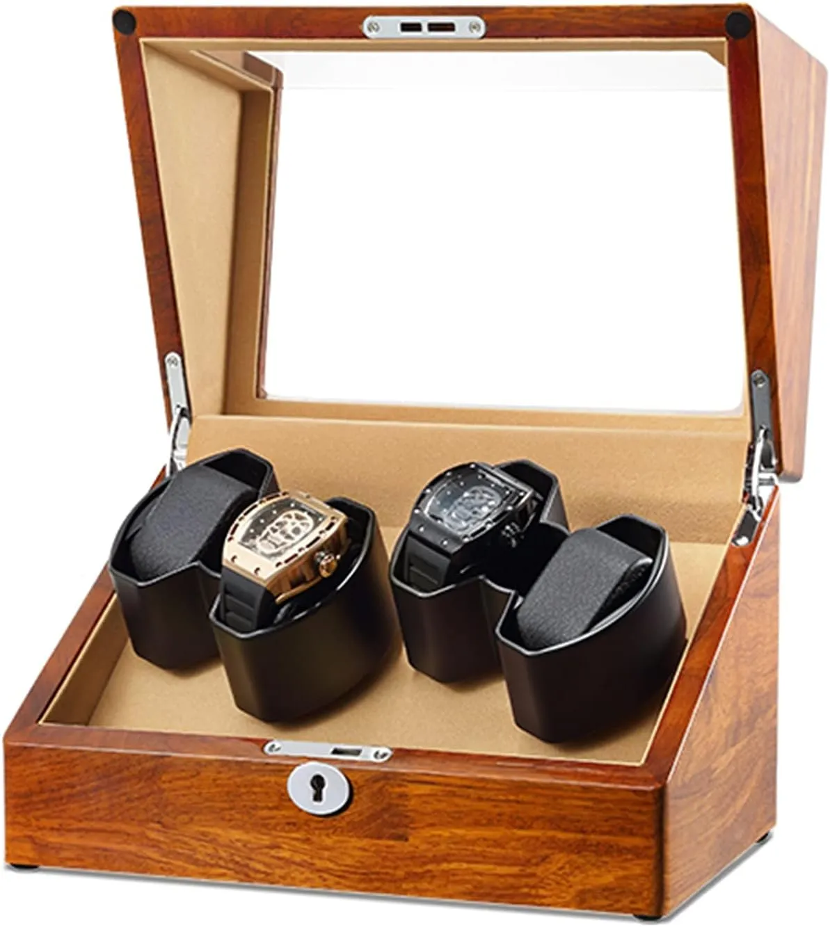 Watches with Silent Motor and Flexible Watch Pillows,Natural Solid Wood Shell,Fit Lady and Man Watches, Watch Display Box High End transplant photosynthesis politics Watch Winder for 4 