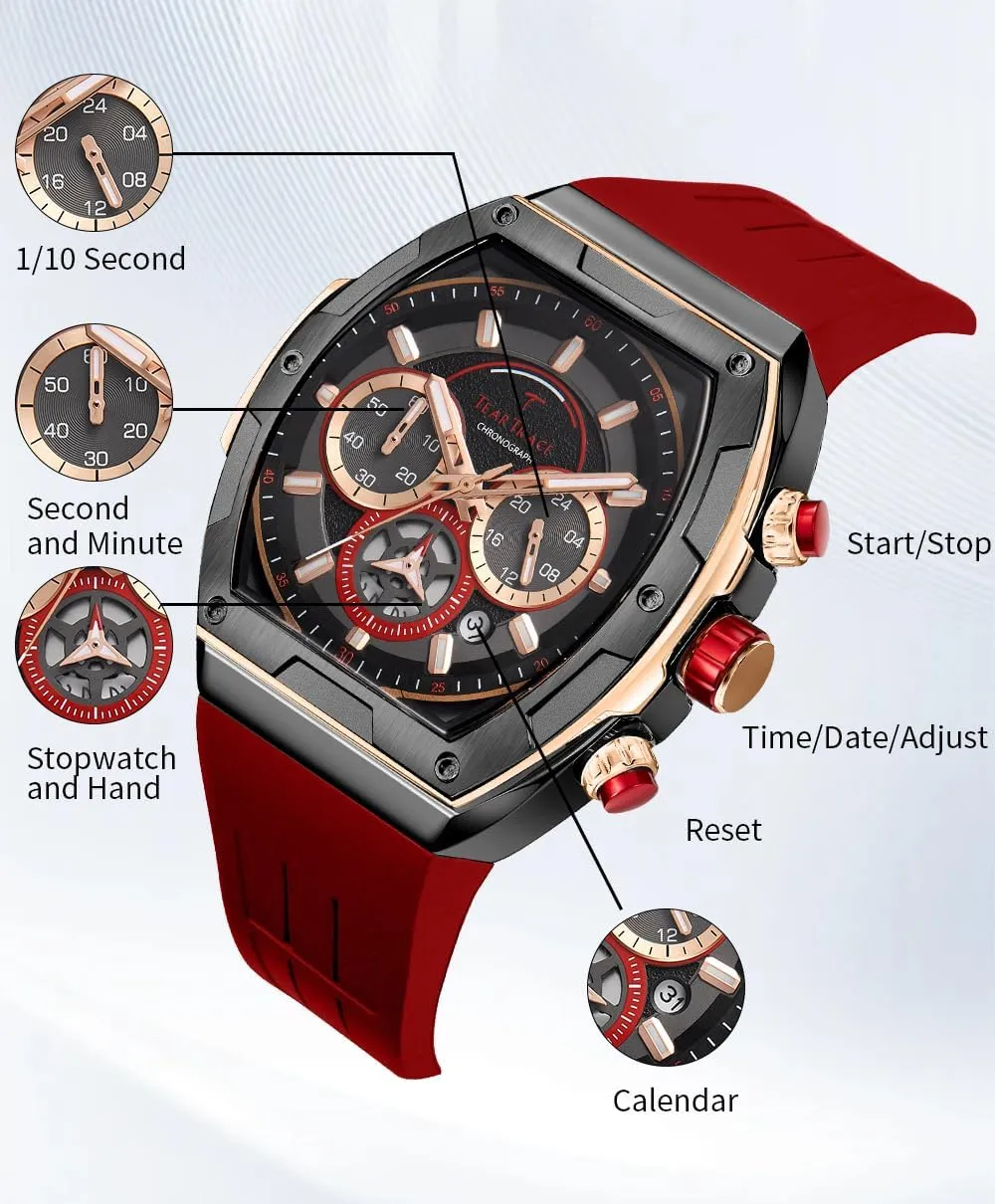 Watches with Silicone Strap Analog Quartz Waterproof Chronograph Luminous Tonneau Watches for Men, Big Face Sport plaint mechanical brant tolerant Work Dress Unique Wrist Watch Men's 