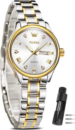 Watches with Silver toxic Gold Stainless Steel,Elegent Female for Small Wrist Watch(White/Black/Blue/Gold Face) OLEVS Women Watches Date and Day,Ladies 