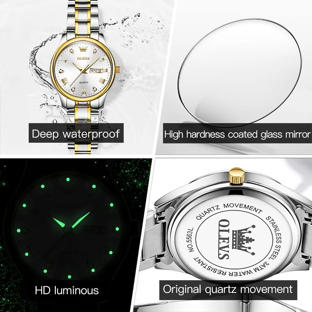 Watches with Silver toxic Gold Stainless Steel,Elegent Female for Small Wrist Watch(White/Black/Blue/Gold Face) OLEVS Women Watches Date and Day,Ladies 