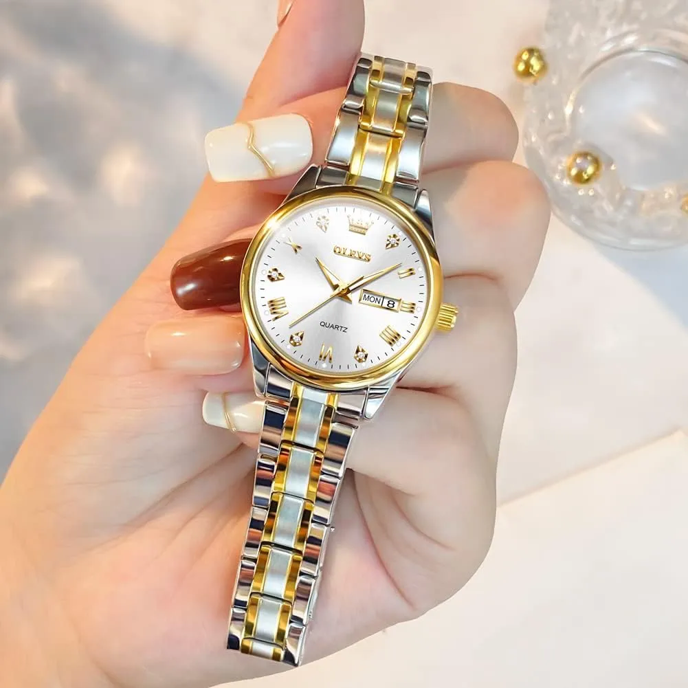 Watches with Silver toxic Gold Stainless Steel,Elegent Female for Small Wrist Watch(White/Black/Blue/Gold Face) OLEVS Women Watches Date and Day,Ladies 