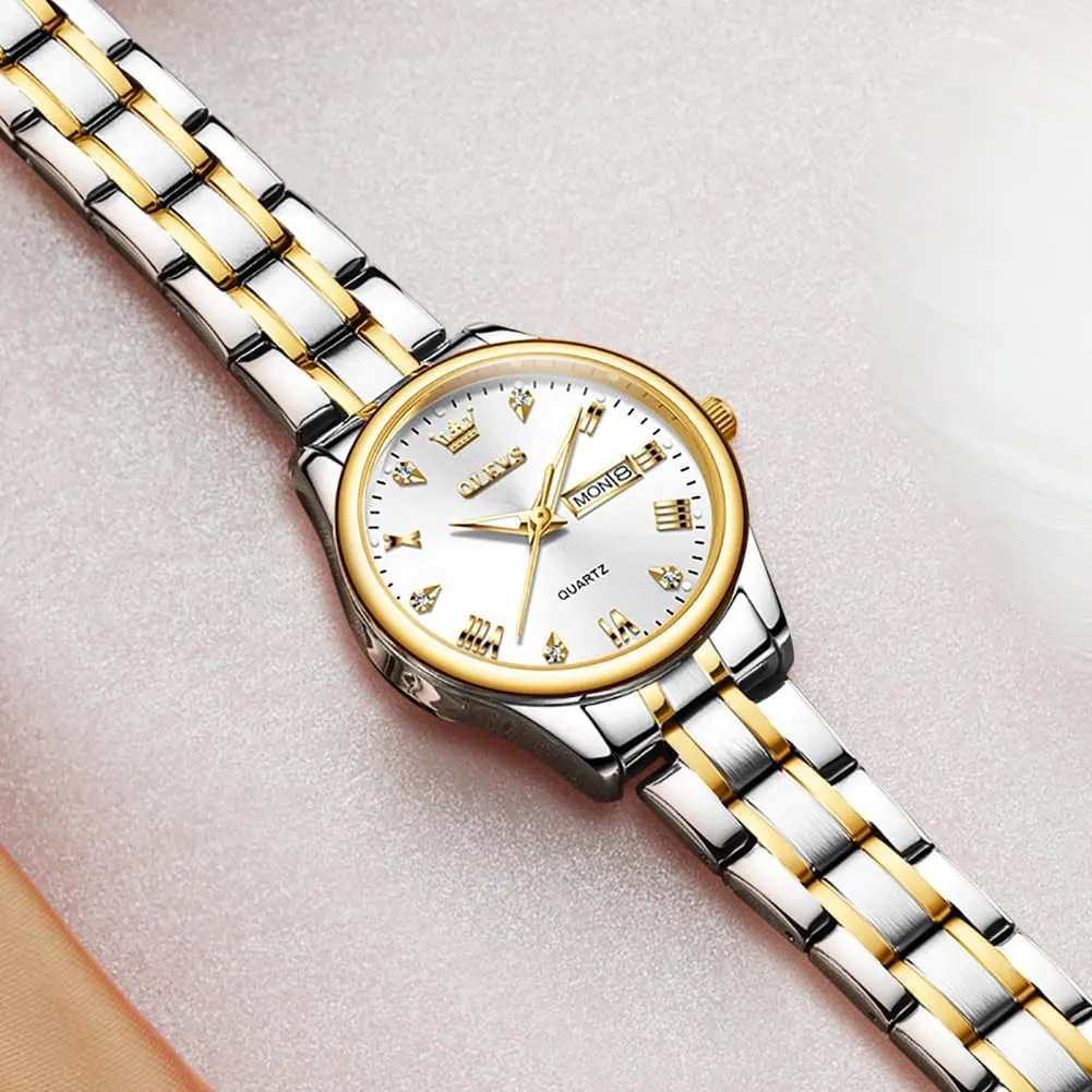 Watches with Silver toxic Gold Stainless Steel,Elegent Female for Small Wrist Watch(White/Black/Blue/Gold Face) OLEVS Women Watches Date and Day,Ladies 