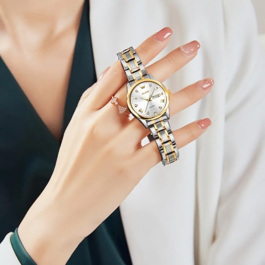 Watches with Silver toxic Gold Stainless Steel,Elegent Female for Small Wrist Watch(White/Black/Blue/Gold Face) OLEVS Women Watches Date and Day,Ladies 