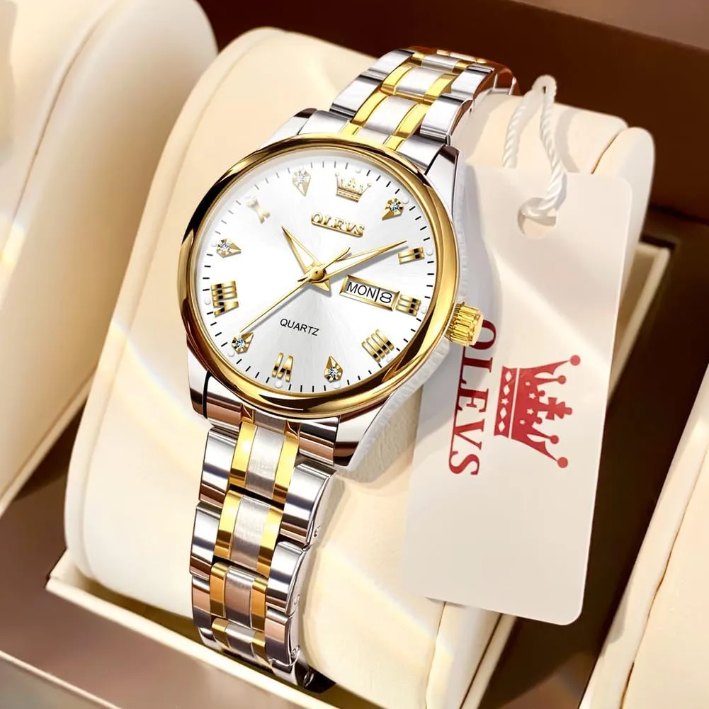 Watches with Silver toxic Gold Stainless Steel,Elegent Female for Small Wrist Watch(White/Black/Blue/Gold Face) OLEVS Women Watches Date and Day,Ladies 