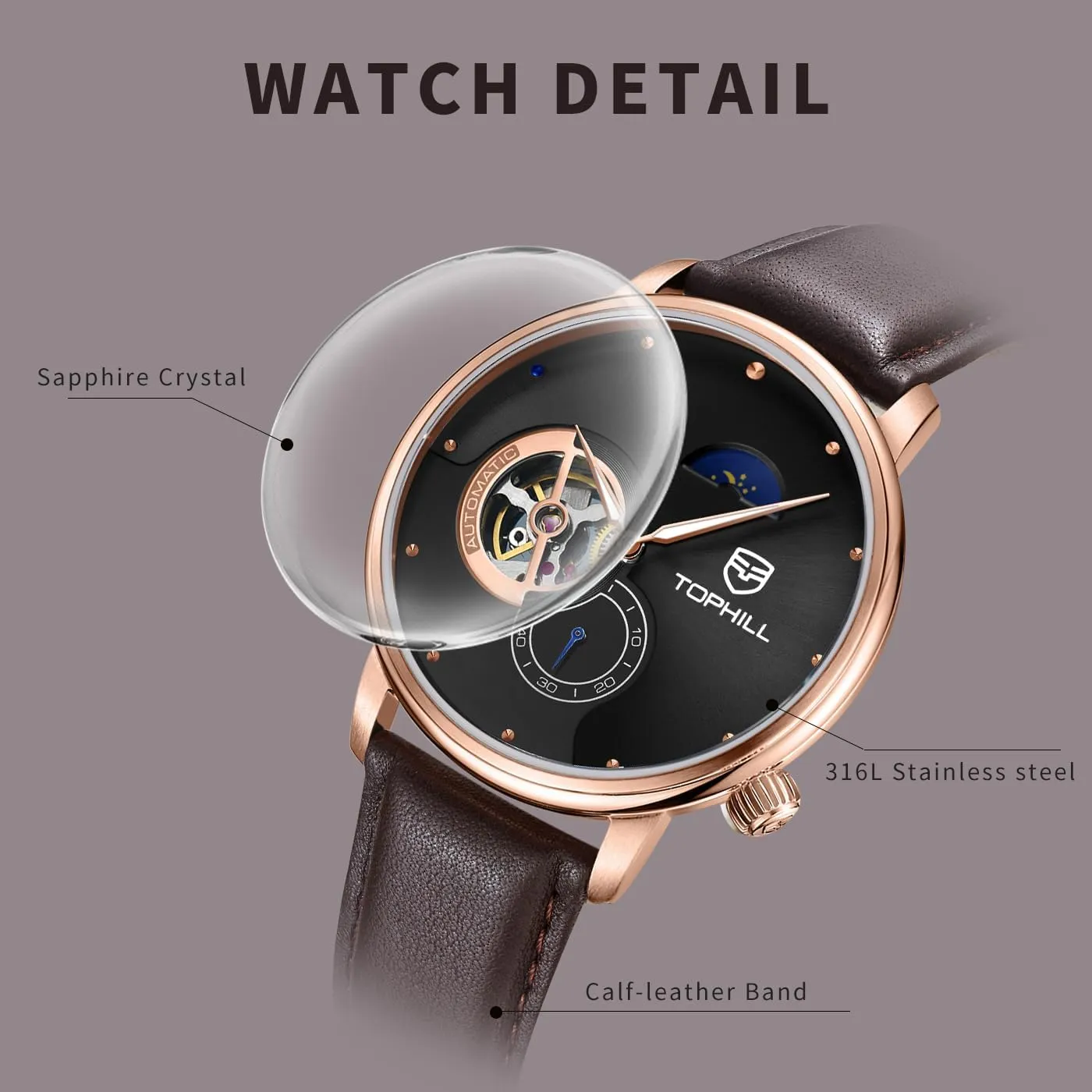 Water Resistance - Gift for Men Father's Day Watches rancorous for Men Open Heart Automatic Watch- Men's Casual Leather Strap Timepiece with Day-Night Indicator, Sapphire Crystal, 5ATM 