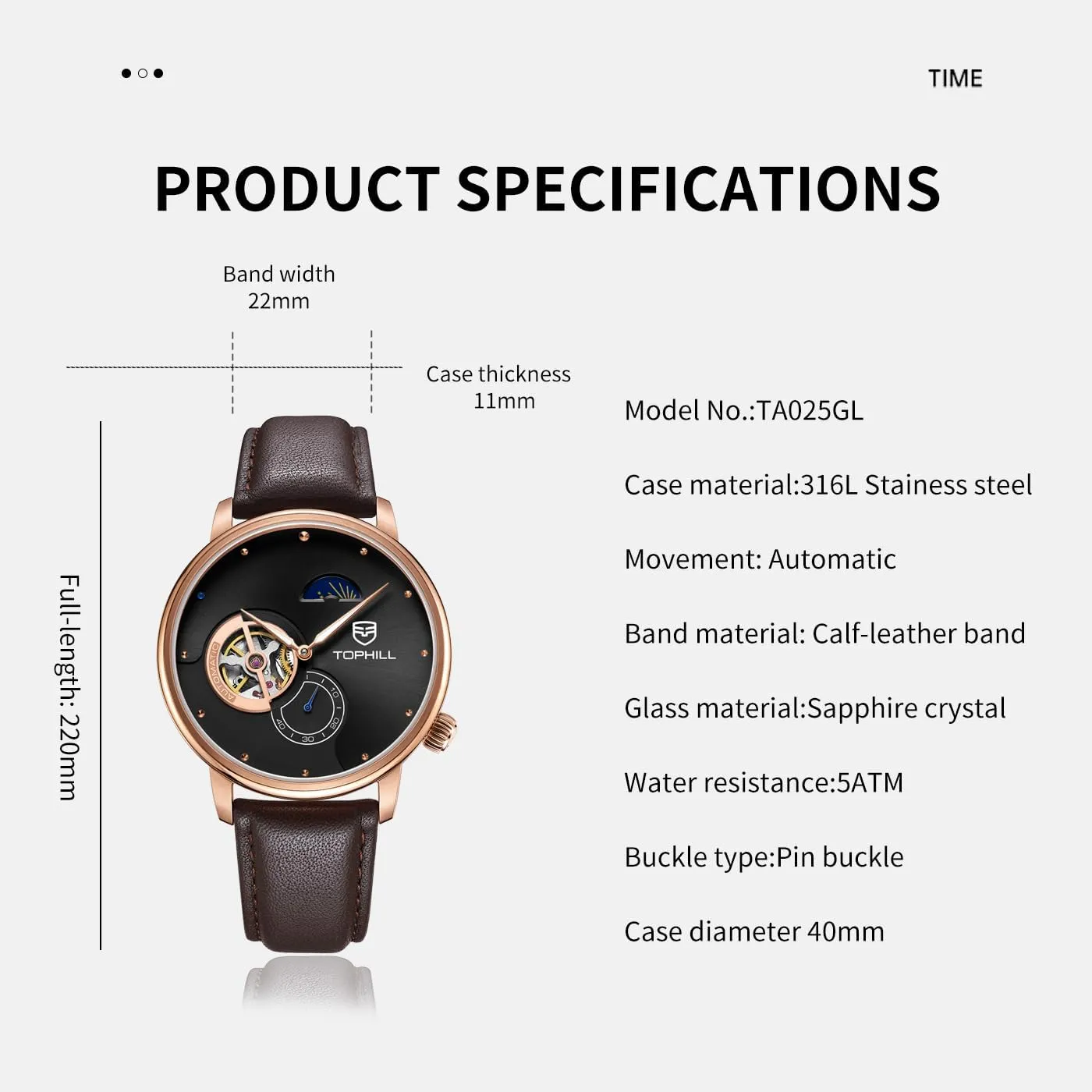 Water Resistance - Gift for Men Father's Day Watches rancorous for Men Open Heart Automatic Watch- Men's Casual Leather Strap Timepiece with Day-Night Indicator, Sapphire Crystal, 5ATM 