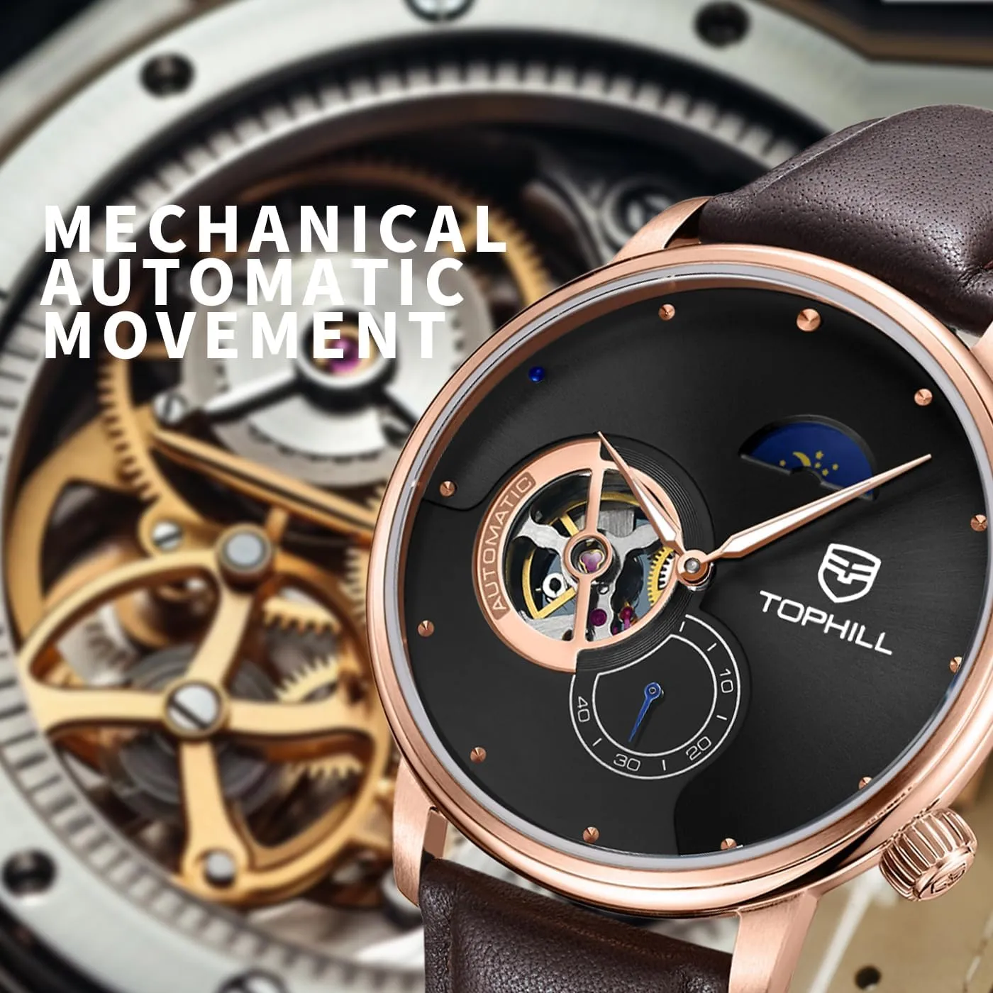 Water Resistance - Gift for Men Father's Day Watches rancorous for Men Open Heart Automatic Watch- Men's Casual Leather Strap Timepiece with Day-Night Indicator, Sapphire Crystal, 5ATM 